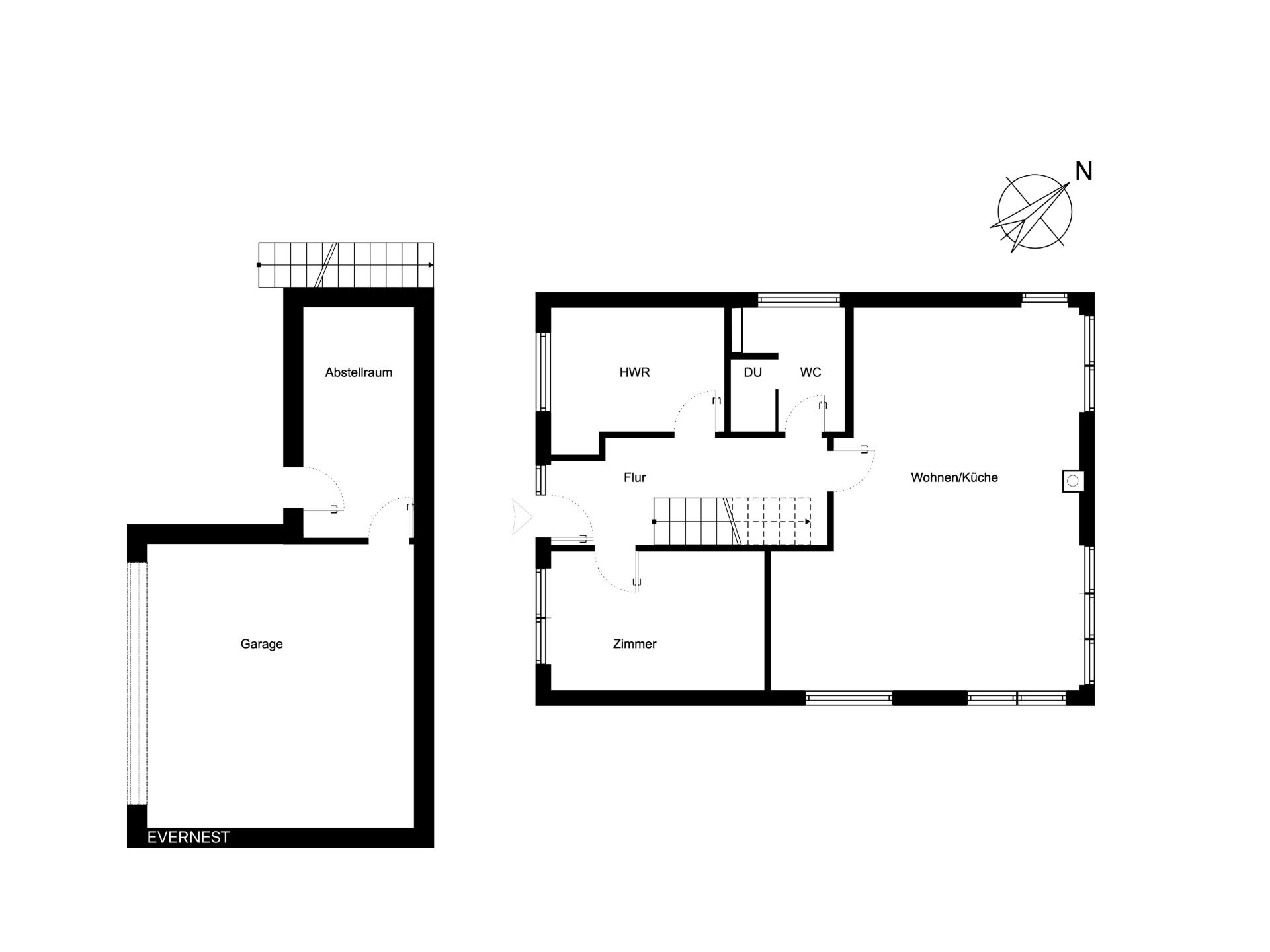 Grundriss mit Garage, Abstellraum, Flur, Zimmer, HWR, DU, WC sowie Wohnen/Küche.