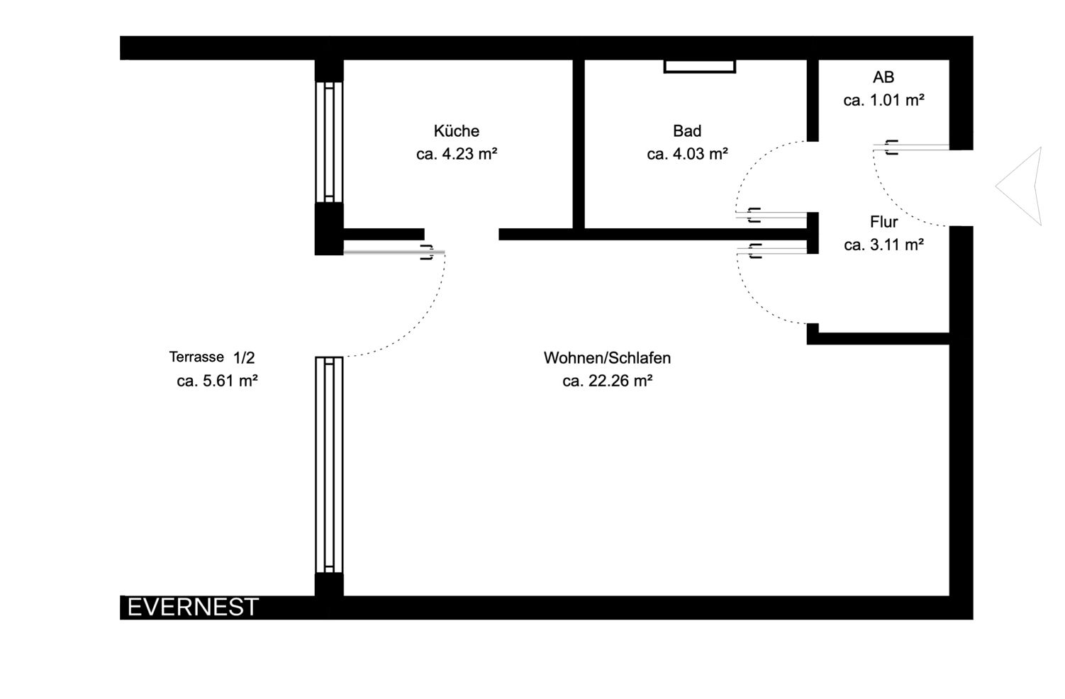 Grundriss einer Wohnung mit Küche, Bad, Wohn-/Schlafraum, Flur, Abstellraum und Terrasse.
