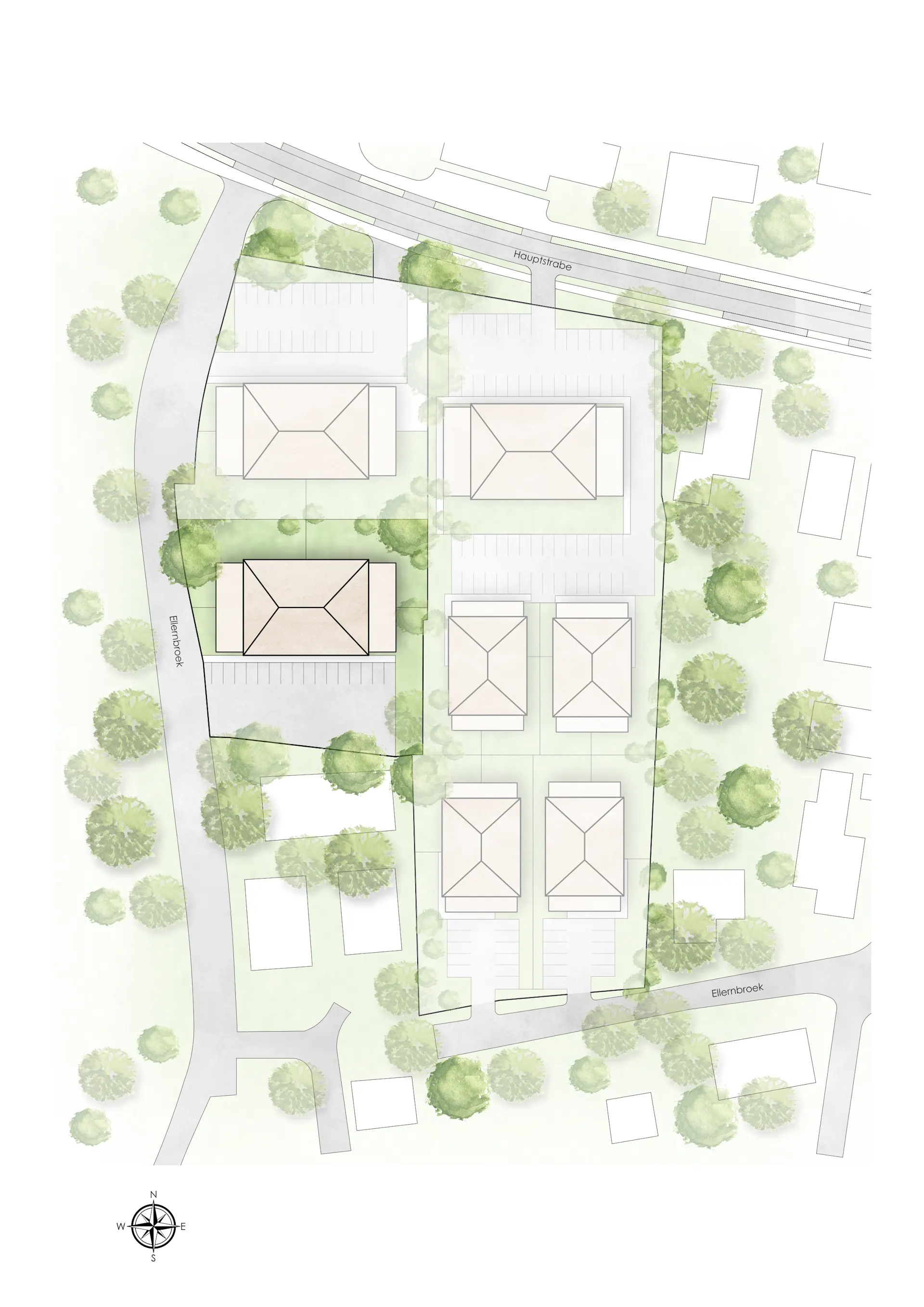 Lageplan mit mehreren Gebäuden, Parkplätzen, Wegen und vielen Bäumen.