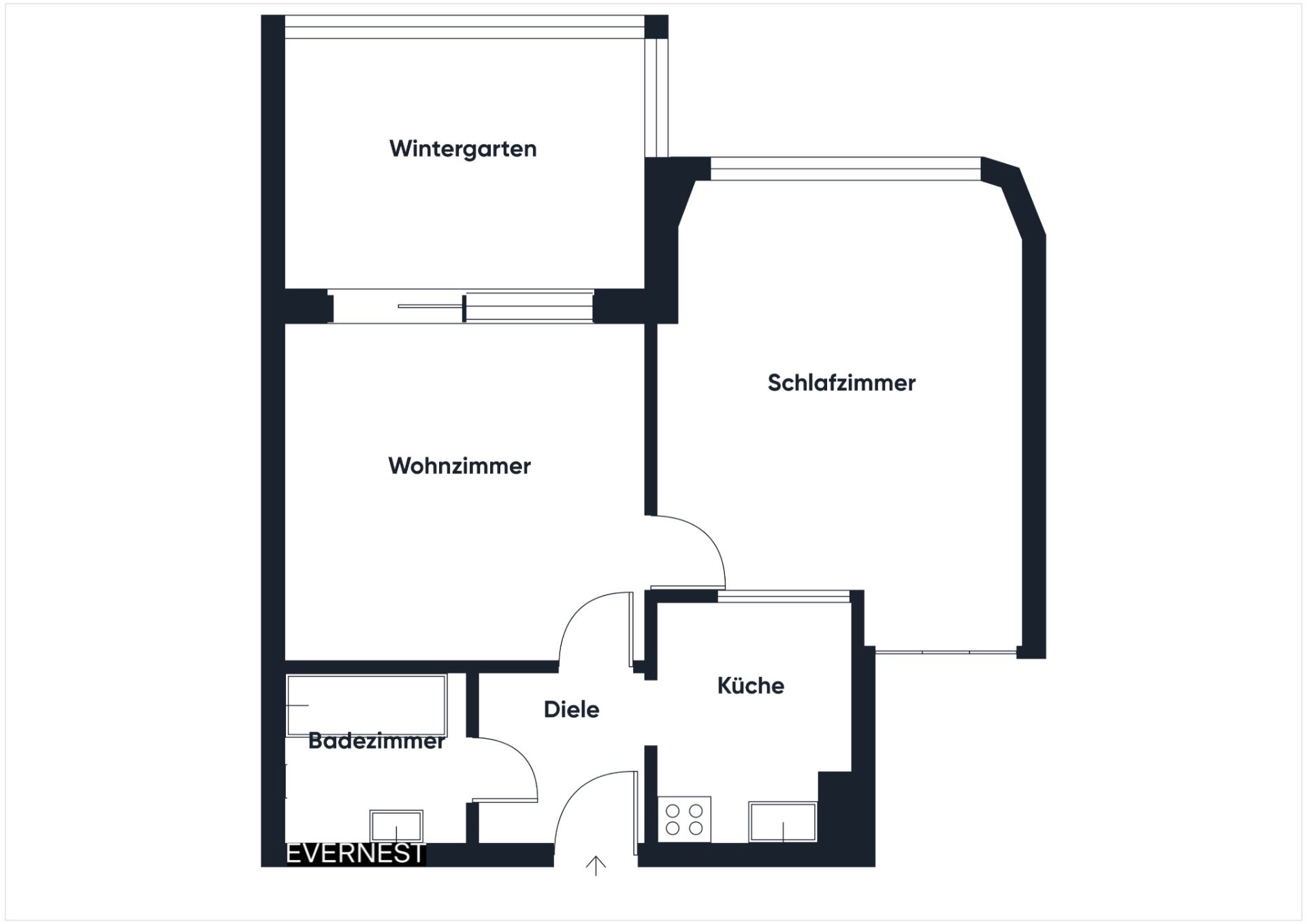 Grundriss einer Wohnung mit Wohnzimmer, Schlafzimmer, Wintergarten, Küche und Badezimmer.