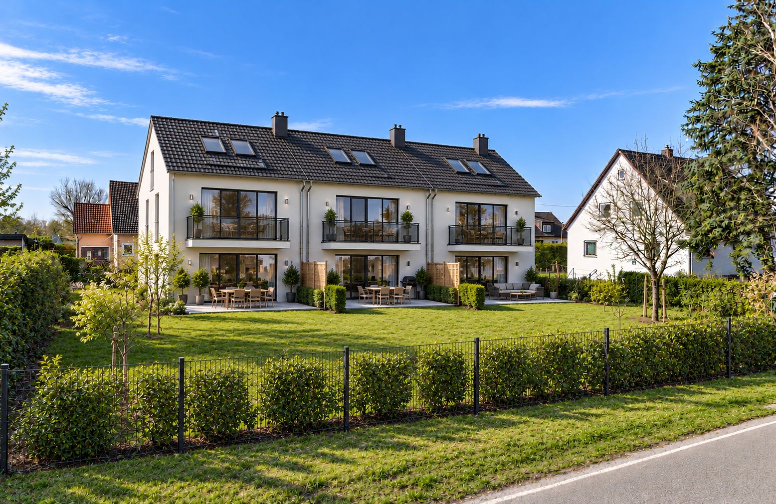 Modernes Wohnhaus mit drei Einheiten, großen Fenstern, Balkonen und gepflegtem Garten.