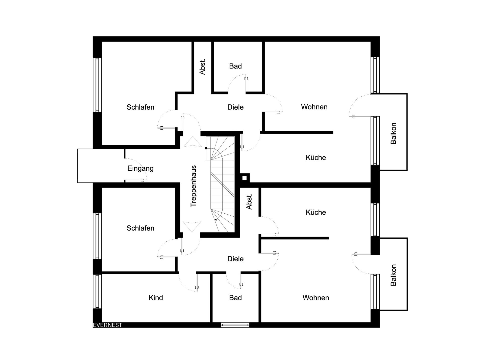Grundriss mit zwei Wohnungen, jeweils mit Küche, Bad, Schlafzimmer, Wohnzimmer und Balkon.