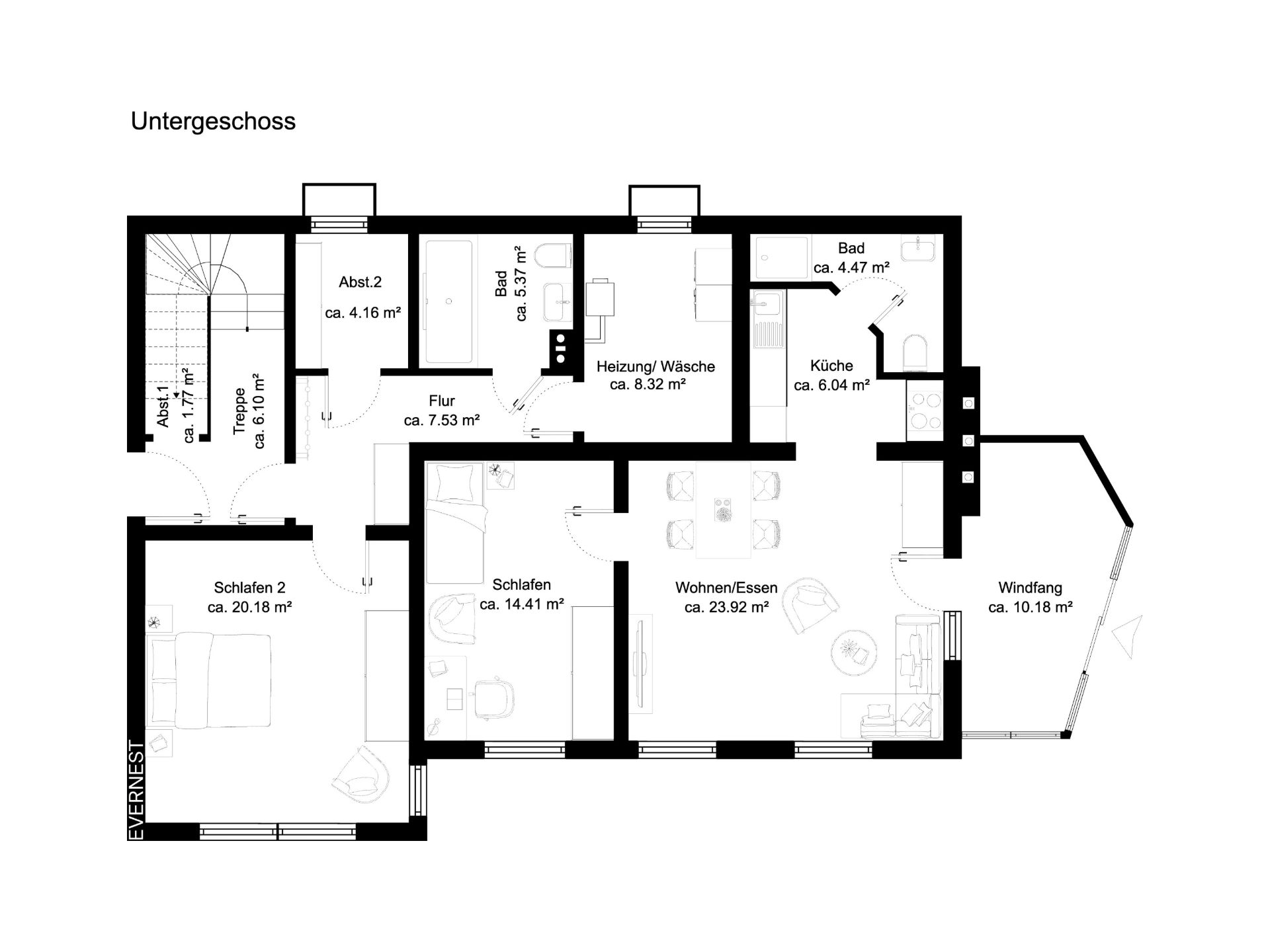 Grundriss eines Untergeschosses mit zwei Schlafzimmern, Wohnzimmer, Küche, zwei Bädern und Flur.