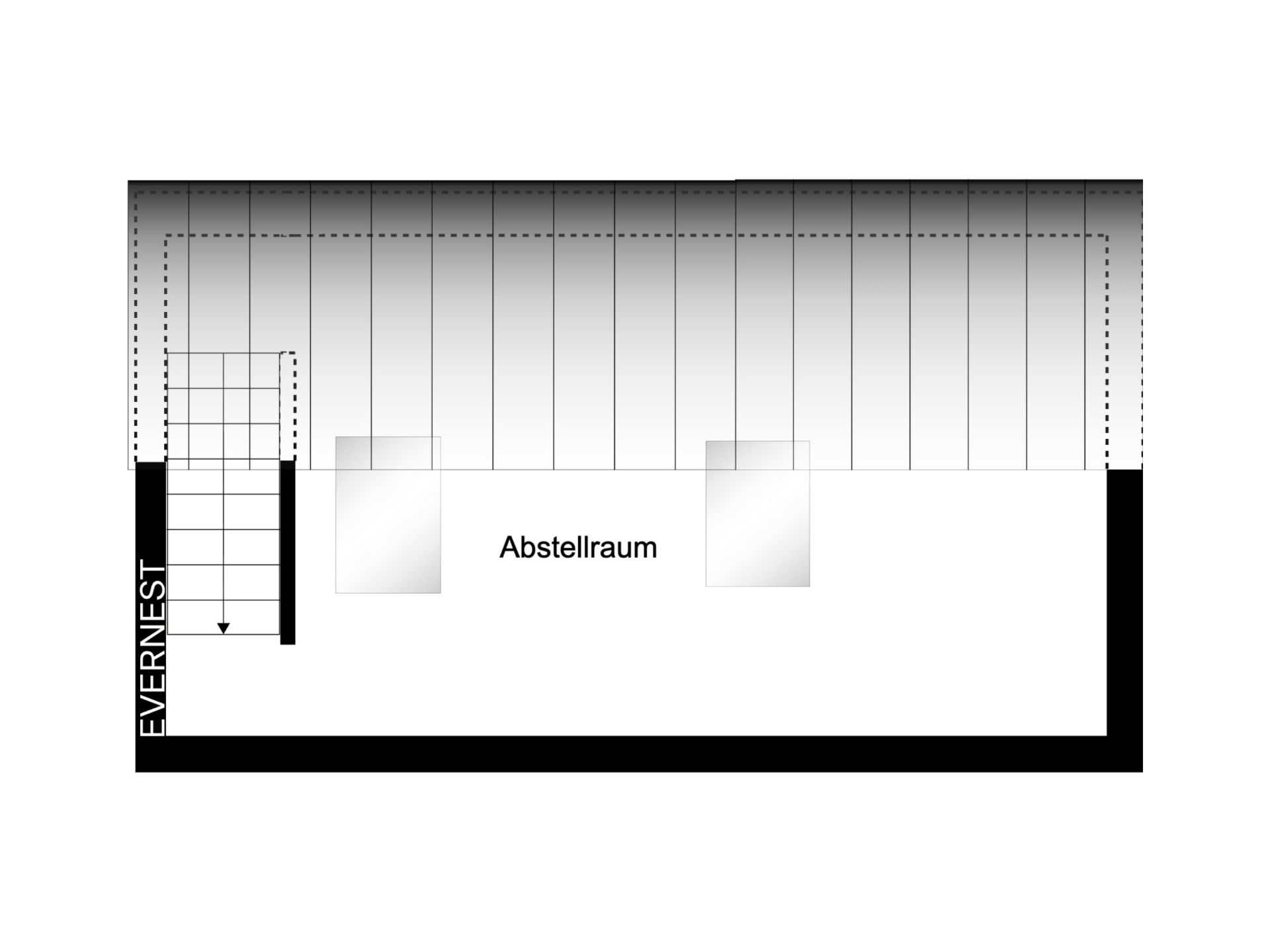 Grundriss mit Treppe und großem Abstellraum.