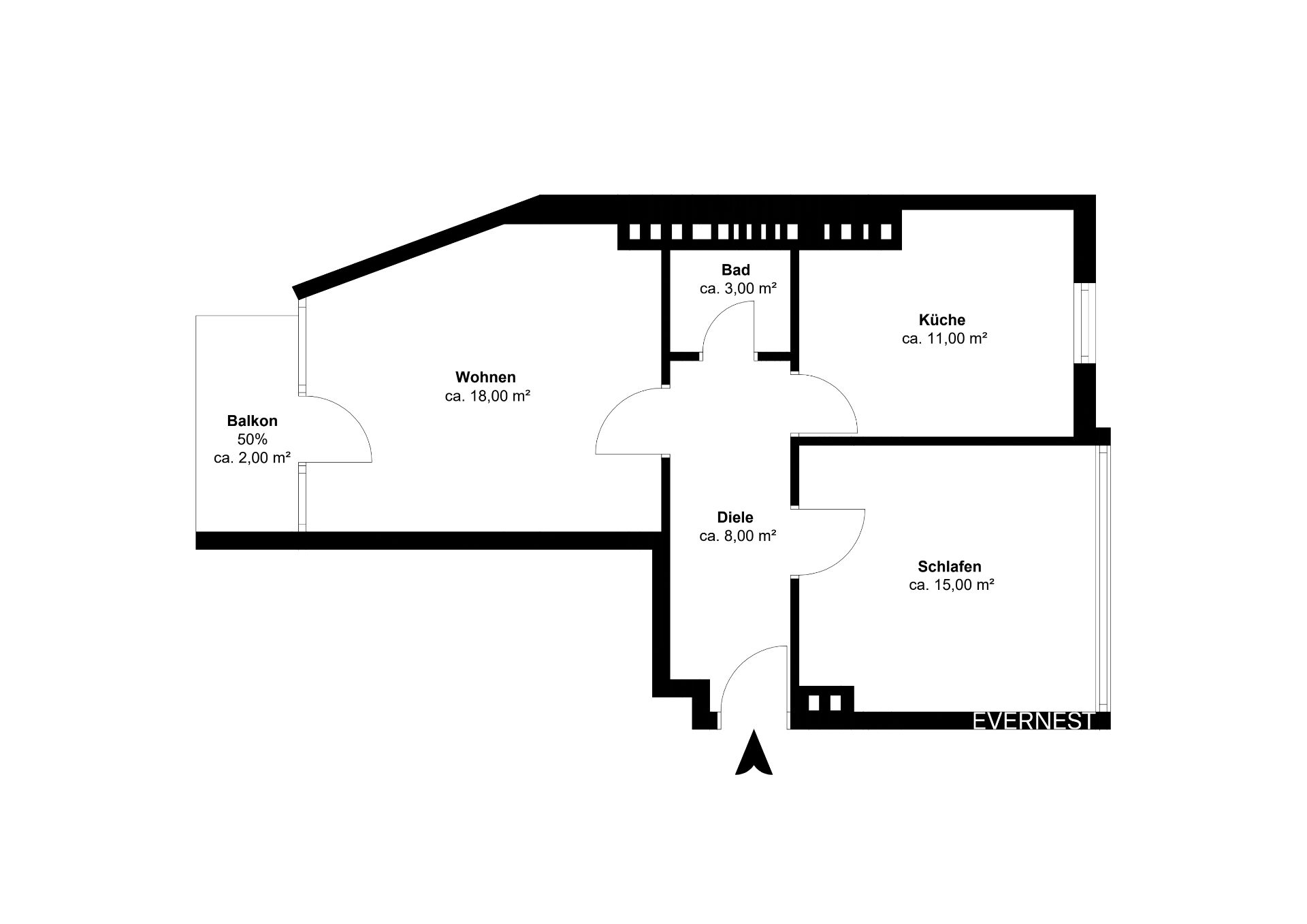 Grundriss einer Wohnung mit Wohnzimmer, Schlafzimmer, Küche, Bad, Flur und Balkon.