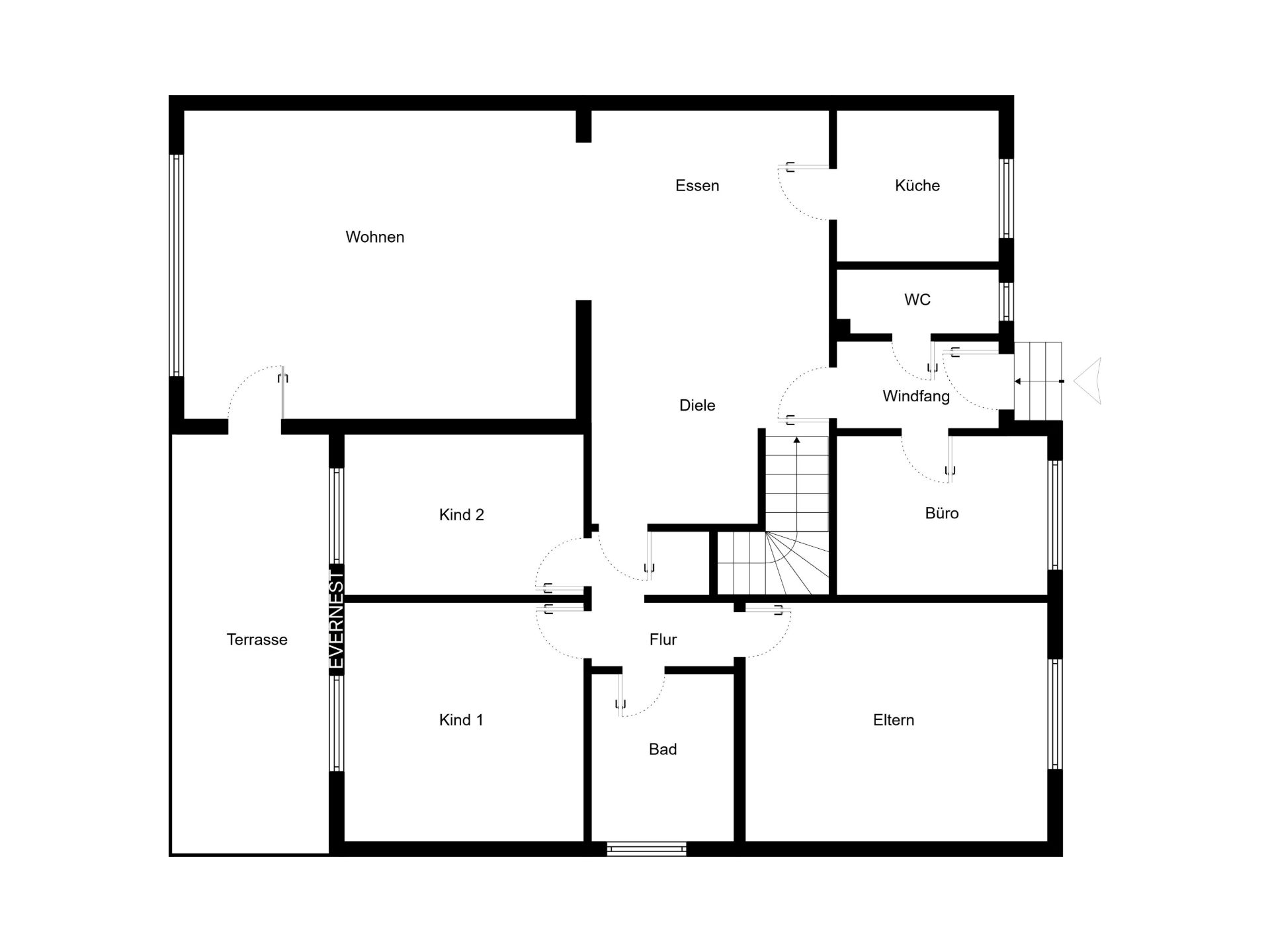 Grundriss eines Hauses mit Wohnzimmer, Esszimmer, Küche, Bad, WC, Büro, drei Schlafzimmern und Terrasse.