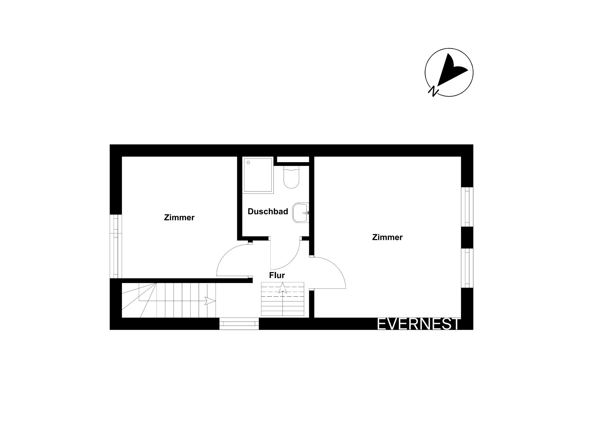 Grundriss mit zwei Zimmern, Flur, Duschbad und Treppe.