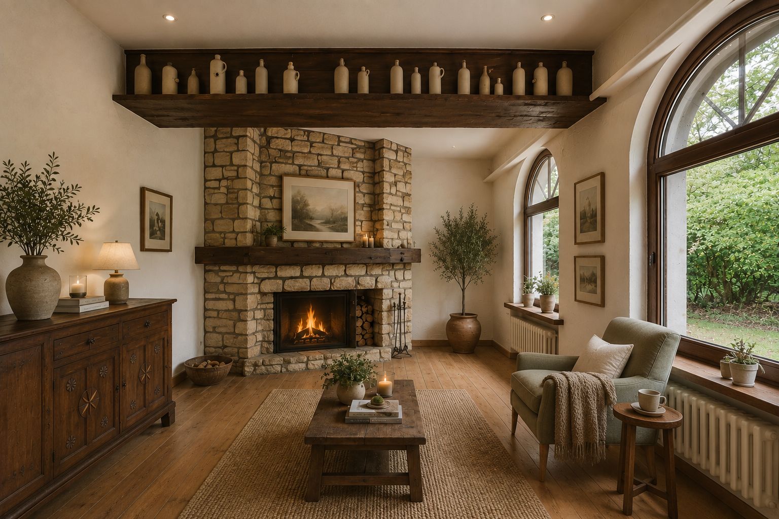 Gemütliches Wohnzimmer mit Steinkamin, Holzboden, großen Fenstern und Pflanzen.