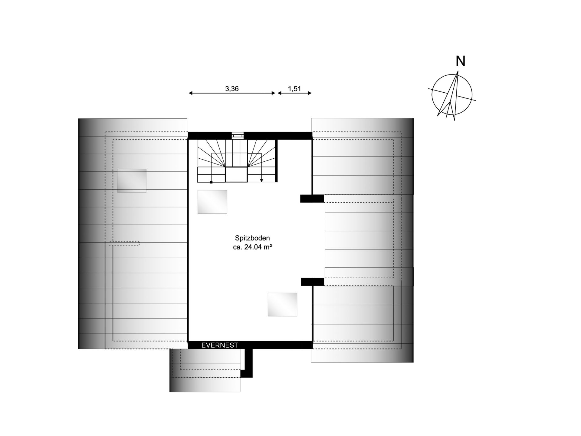 Grundriss eines Spitzbodens mit Treppe in der Mitte und zwei Dachfenstern.