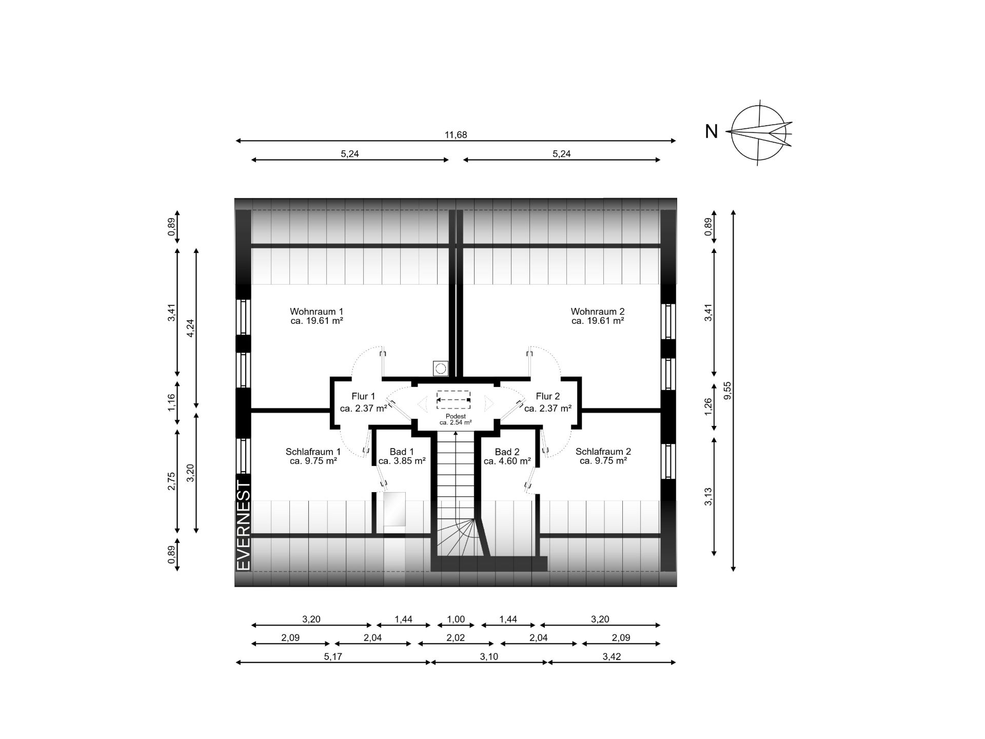 Grundriss einer Wohnetage mit zwei Wohnräumen, zwei Schlafzimmern, zwei Bädern und Fluren.