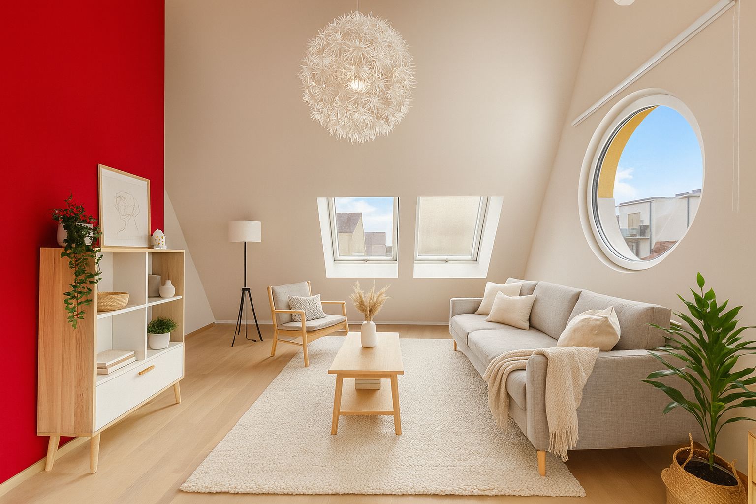 Helles Wohnzimmer mit Sofa, rundem Fenster, roter Wand und modernen Möbeln.