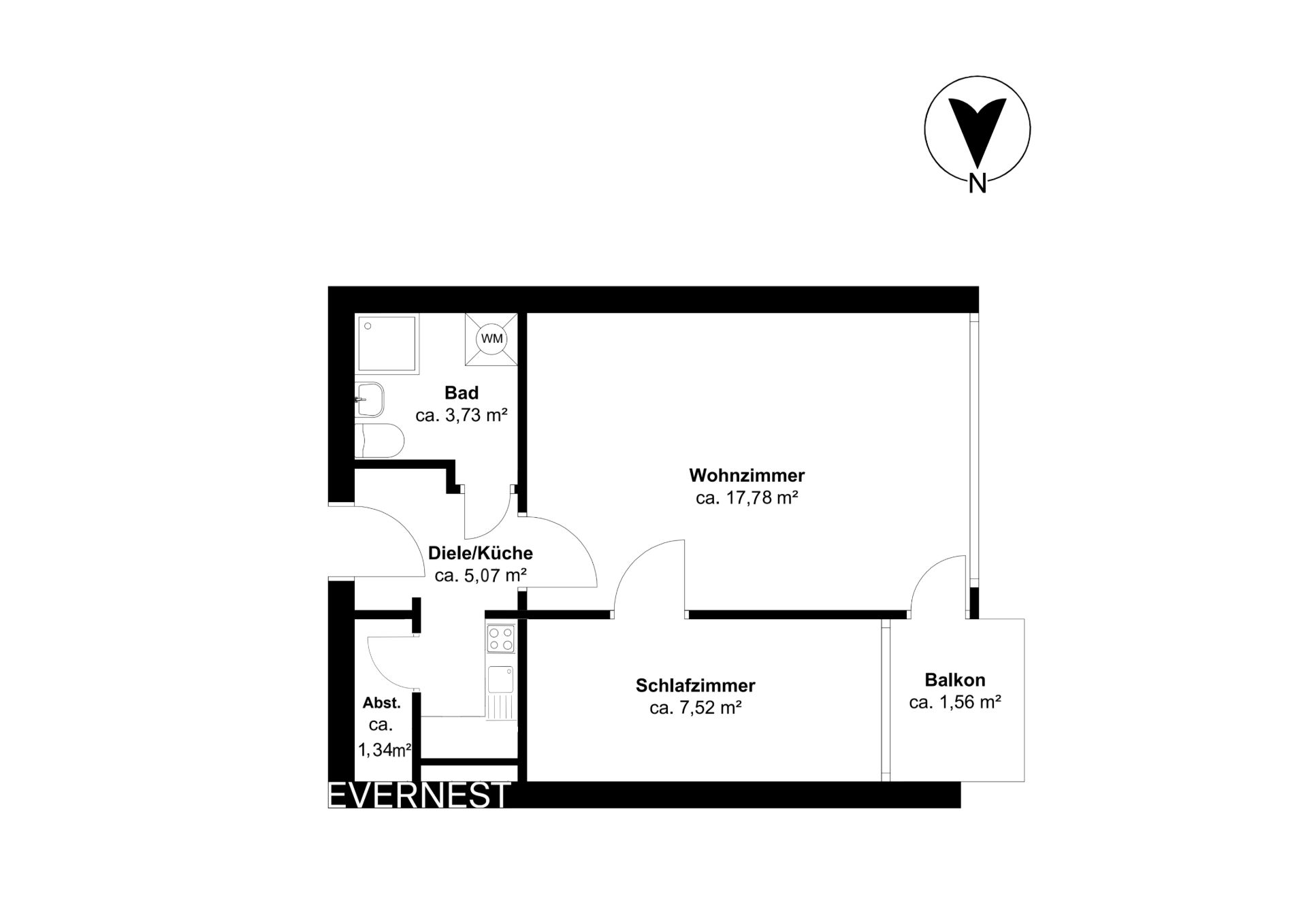 Grundriss einer Wohnung mit Wohnzimmer, Schlafzimmer, Bad, Küche und Balkon.