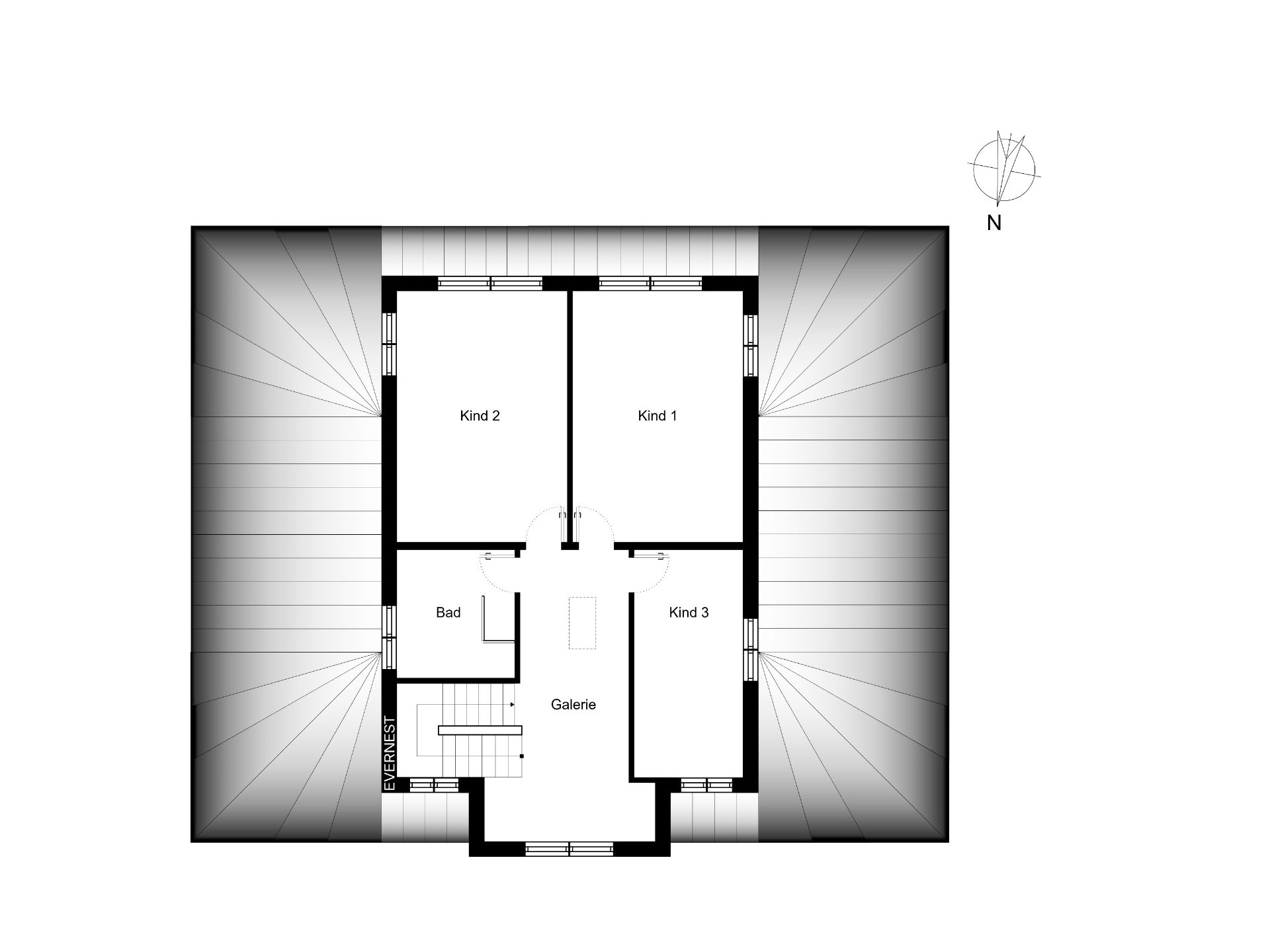 Grundriss mit drei Kinderzimmern, einem Bad und einer Galerie.