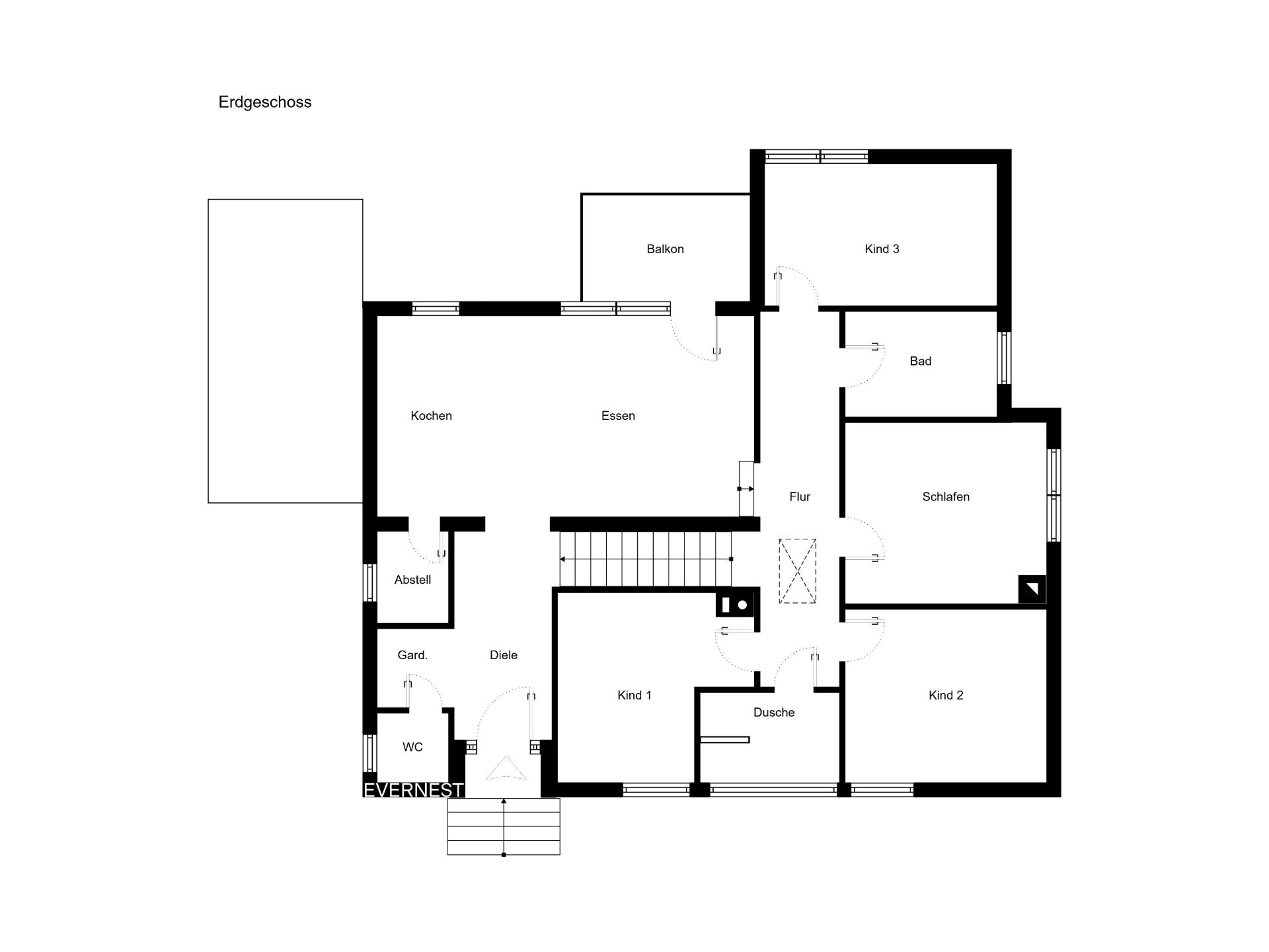 Grundriss des Erdgeschosses mit Küche, Essbereich, drei Kinderzimmern, Bad, WC und Balkon.