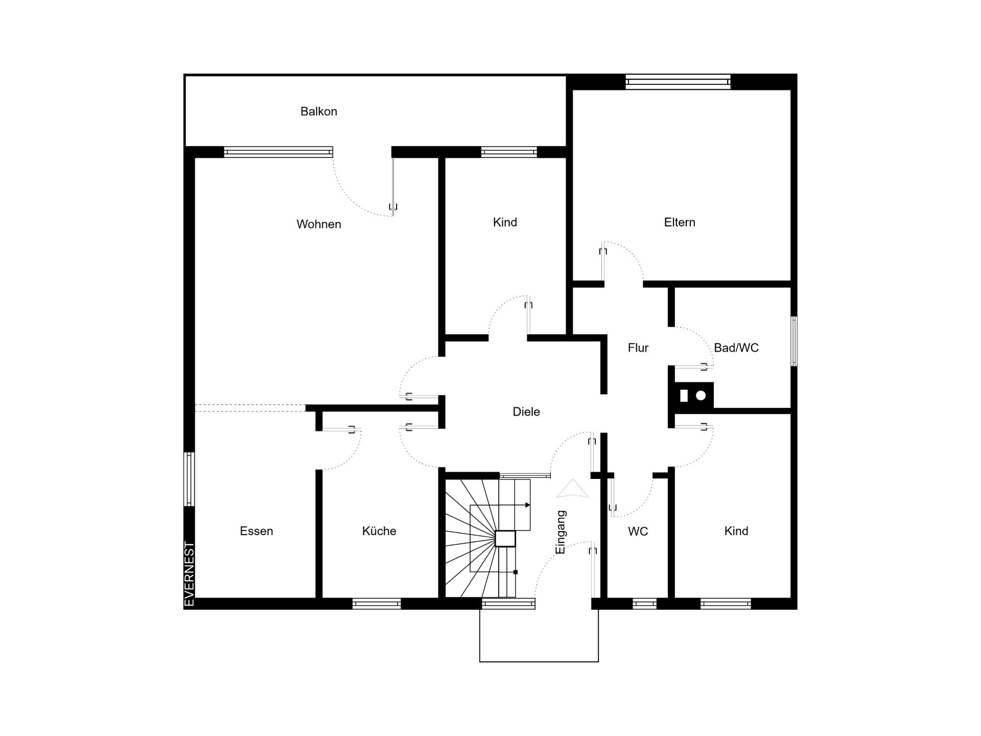 Grundriss einer Wohnung mit Balkon, Wohnzimmer, drei Schlafzimmern, Küche, Bad und Esszimmer.