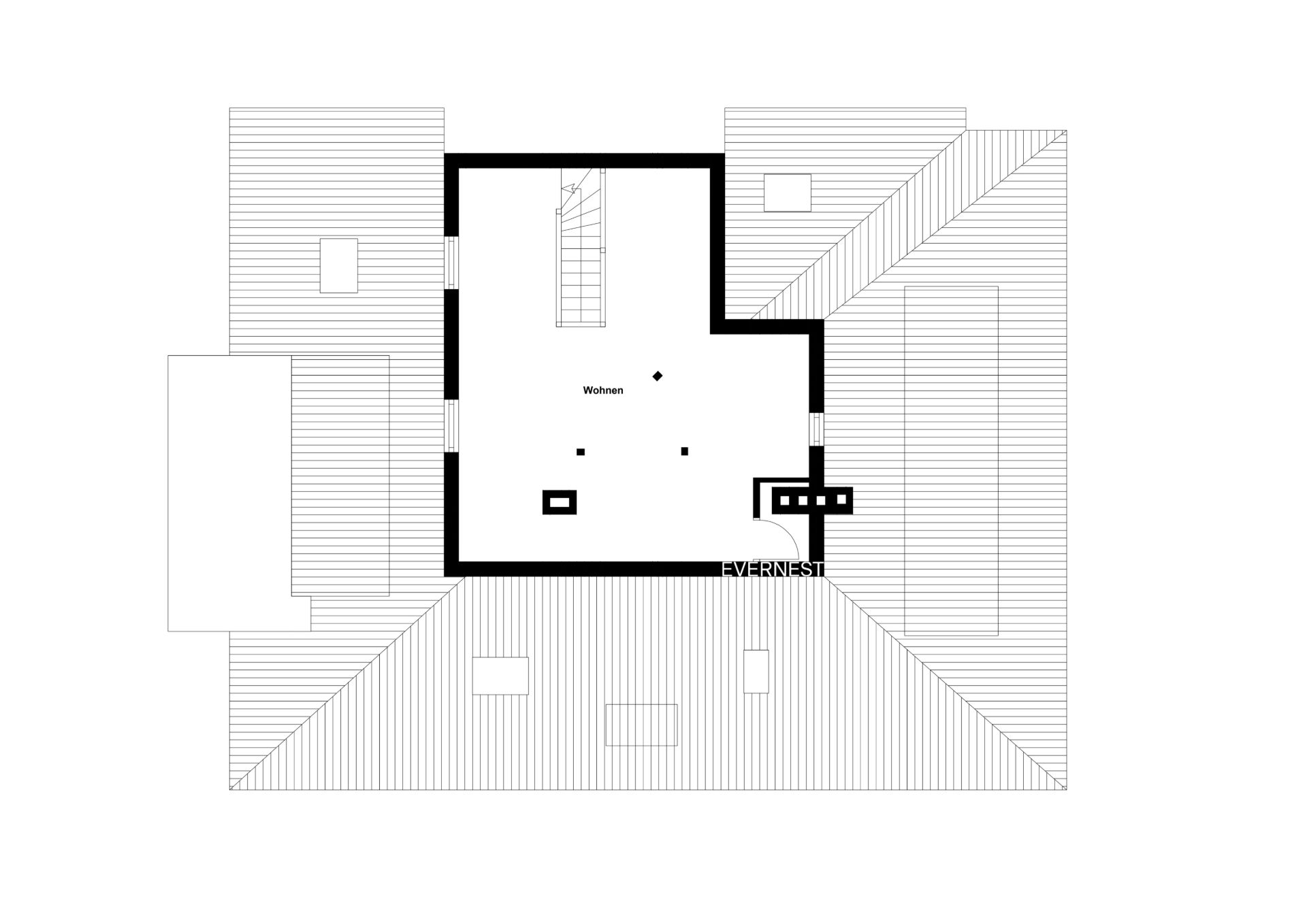 Grundriss einer Wohnetage mit Treppe im Zentrum und markiertem Wohnbereich.