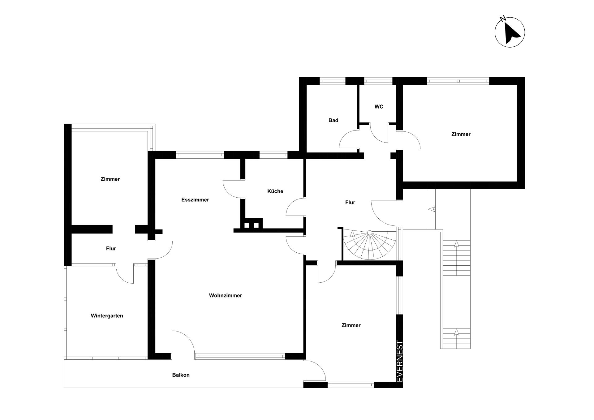 Grundriss einer Wohnung mit Wohnzimmer, Esszimmer, Küche, drei Zimmern, Bad, WC, Wintergarten und Balkon.