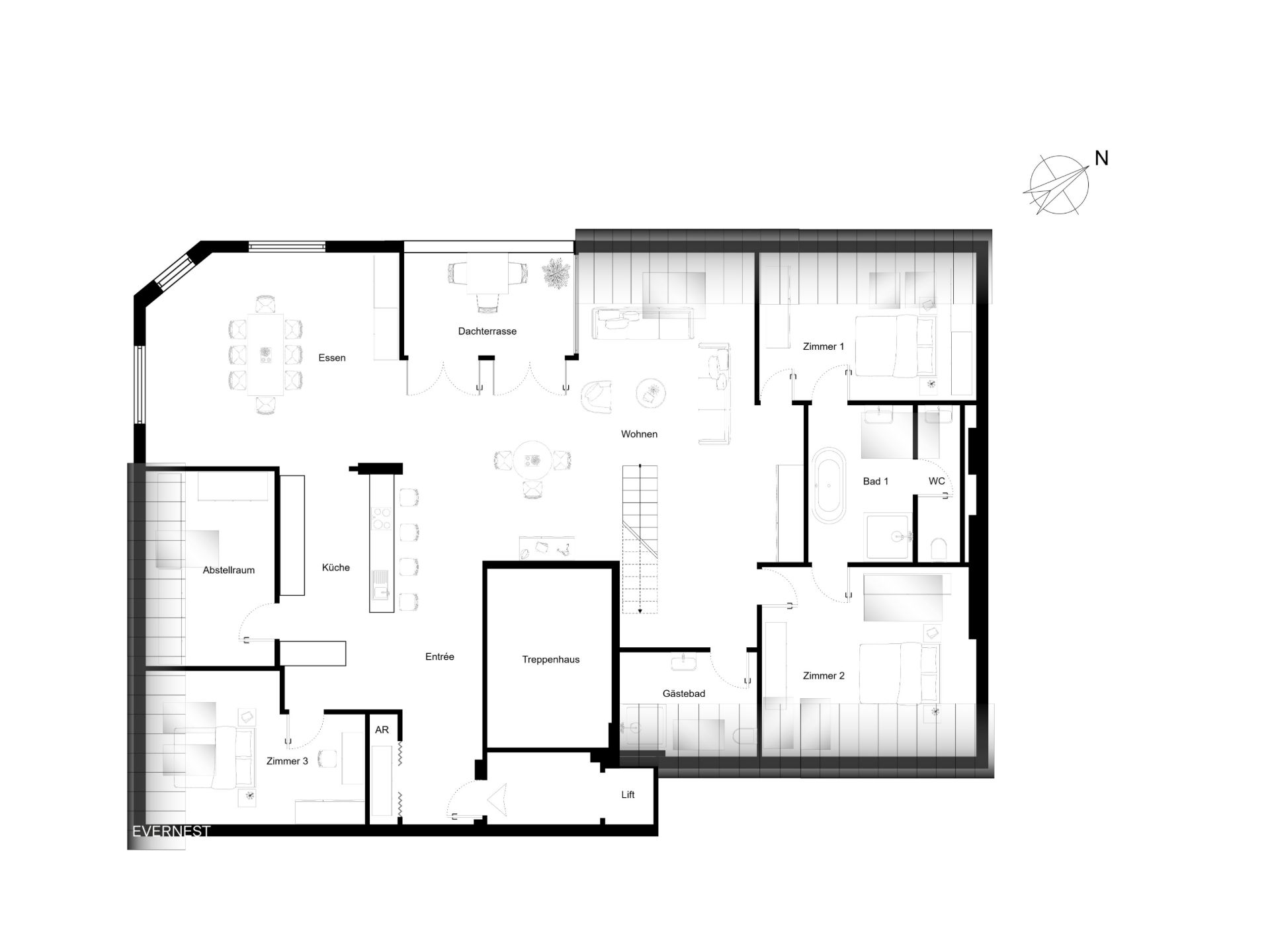Grundriss einer Wohnung mit drei Zimmern, Küche, Bad, Wohnzimmer und Dachterrasse.