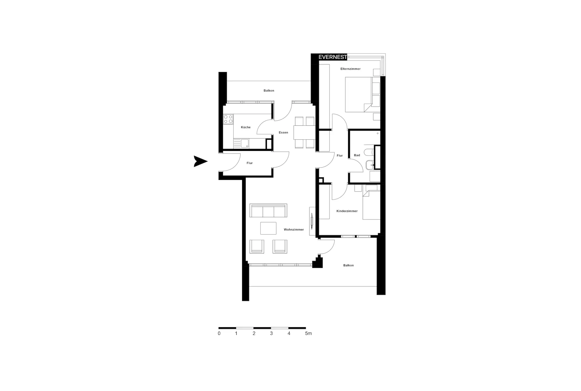 Grundriss einer Wohnung mit Wohnzimmer, Küche, Essbereich, zwei Schlafzimmern, Bad und zwei Balkonen.
