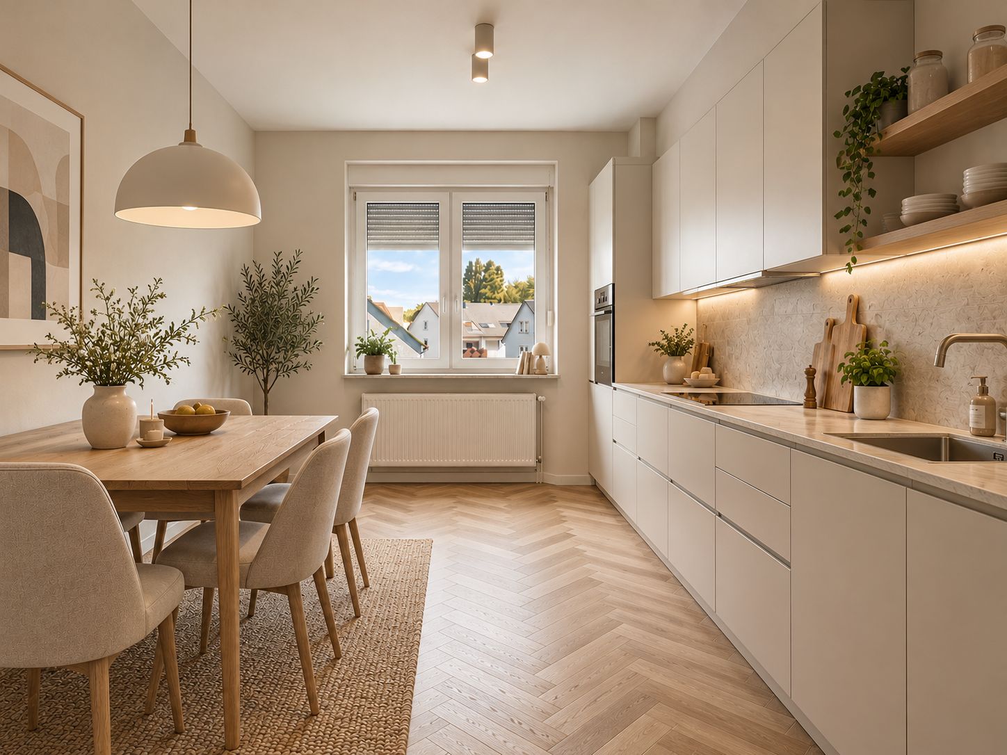Helle Küche mit Esstisch, vier Stühlen und Fenster, Pflanzen und modernen Einbauten.