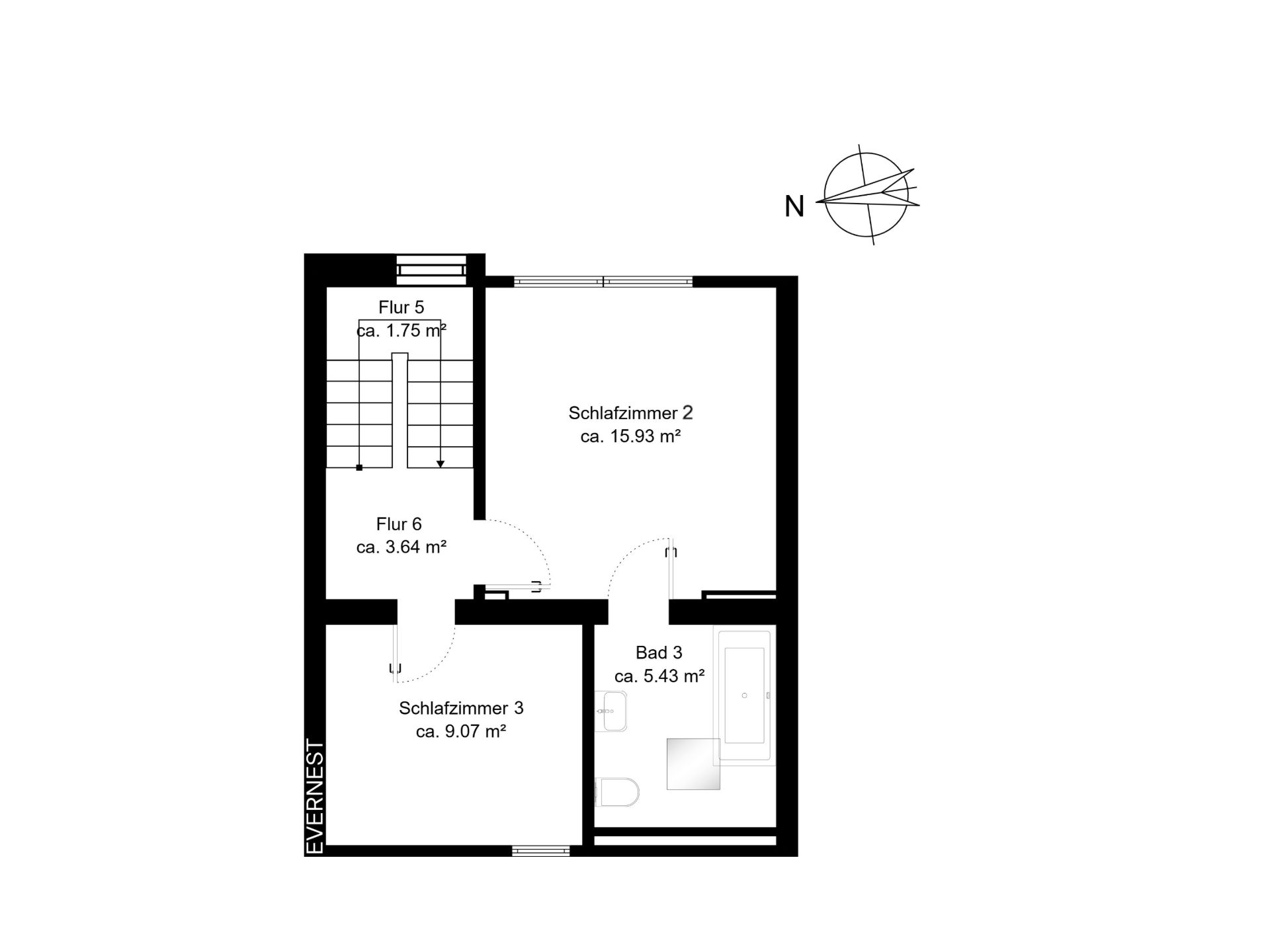 Grundriss mit zwei Schlafzimmern, einem Bad und zwei Fluren in einem Wohnhaus.