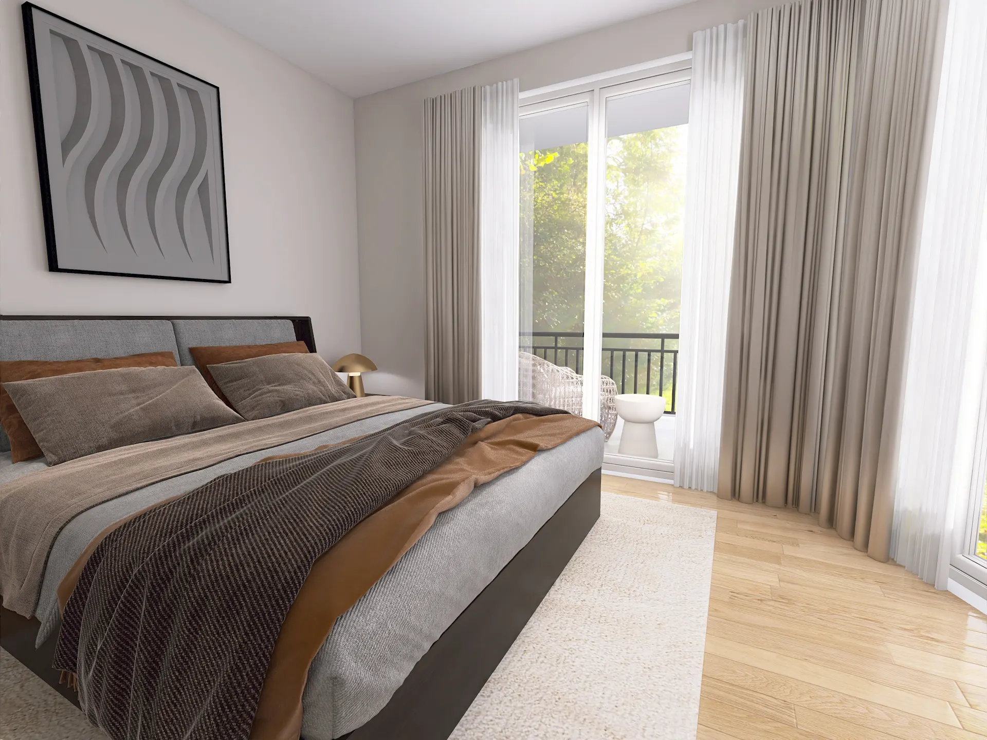 Modernes Schlafzimmer mit großem Bett, Lichtvorhängen und Blick auf einen kleinen Balkon.
