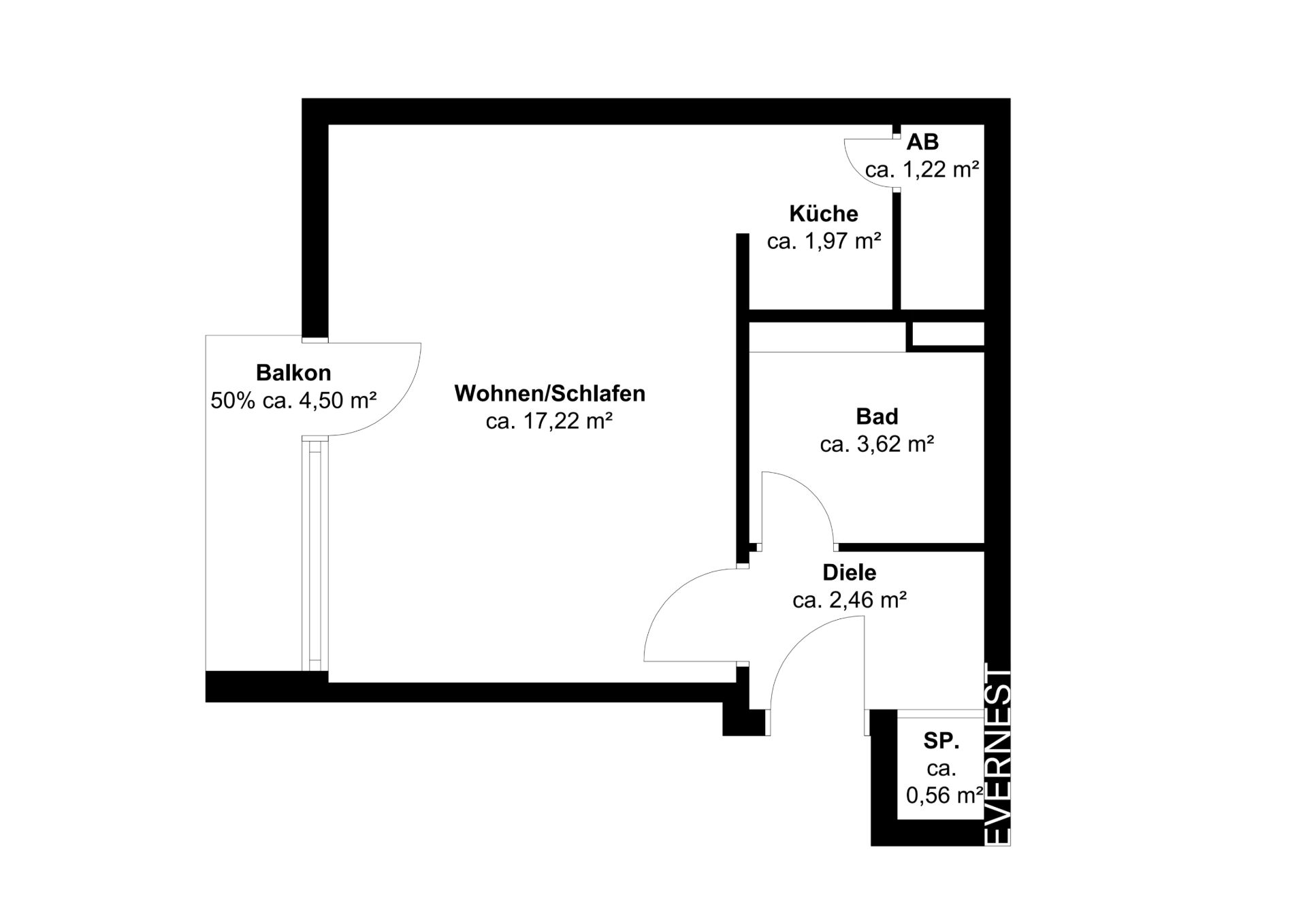 Grundriss einer Wohnung mit Balkon, Wohnraum, Küche, Bad, Diele, Abstellraum und Speisekammer.