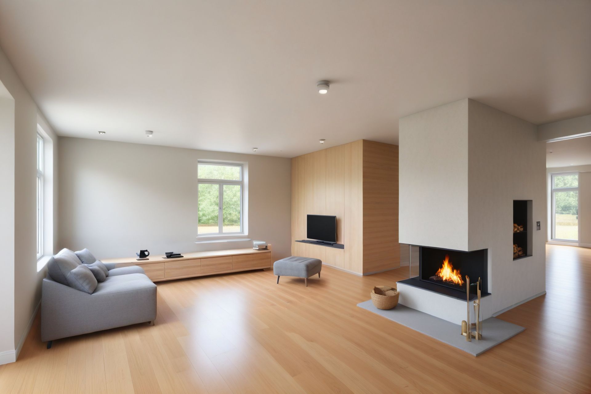 Helles Wohnzimmer mit Sofa, Fernseher, Kamin und großen Fenstern, Holzboden.