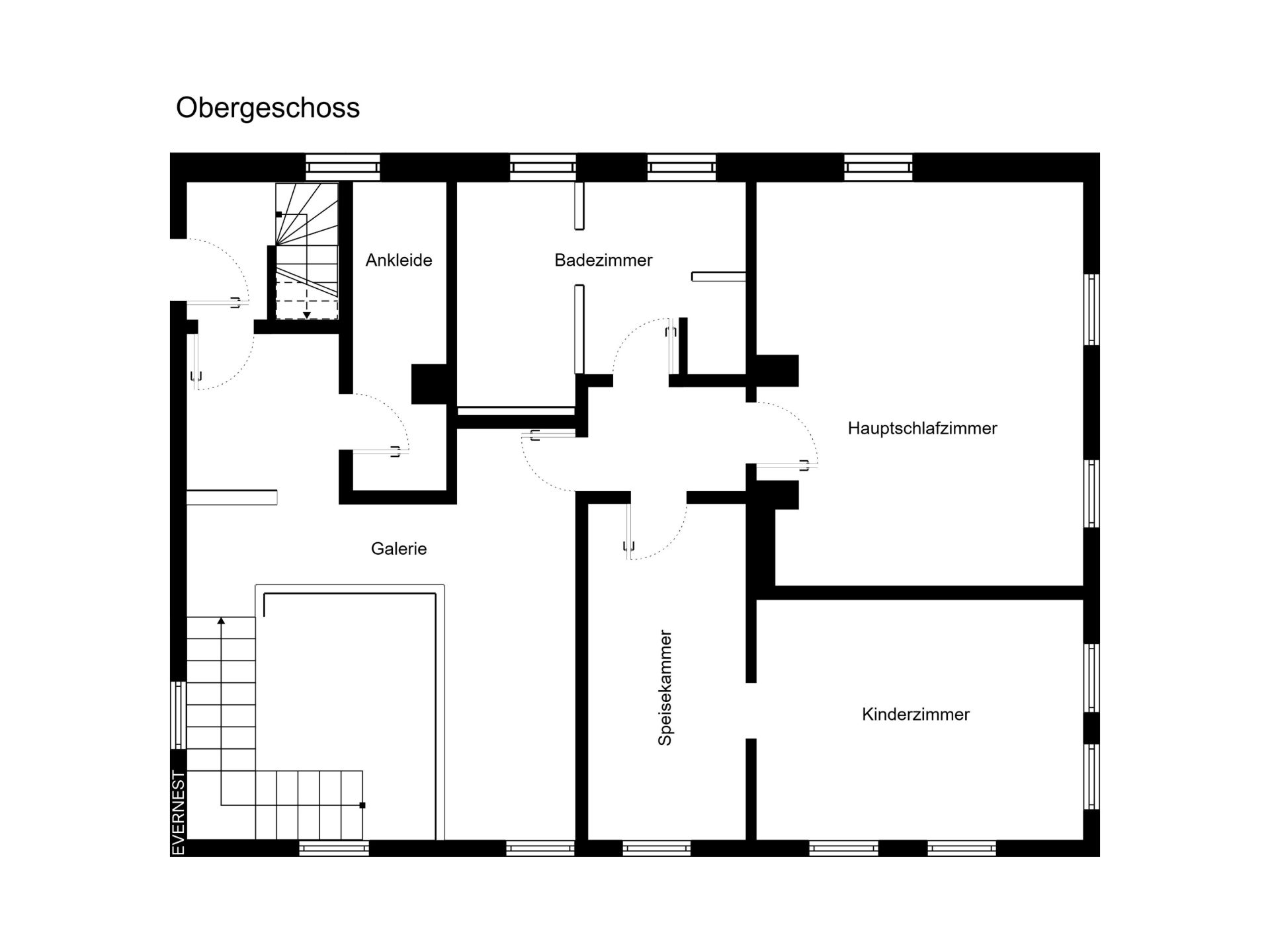 Grundriss vom Obergeschoss mit Schlafzimmer, Kinderzimmer, Bad, Ankleide, Galerie und Spielkammer.