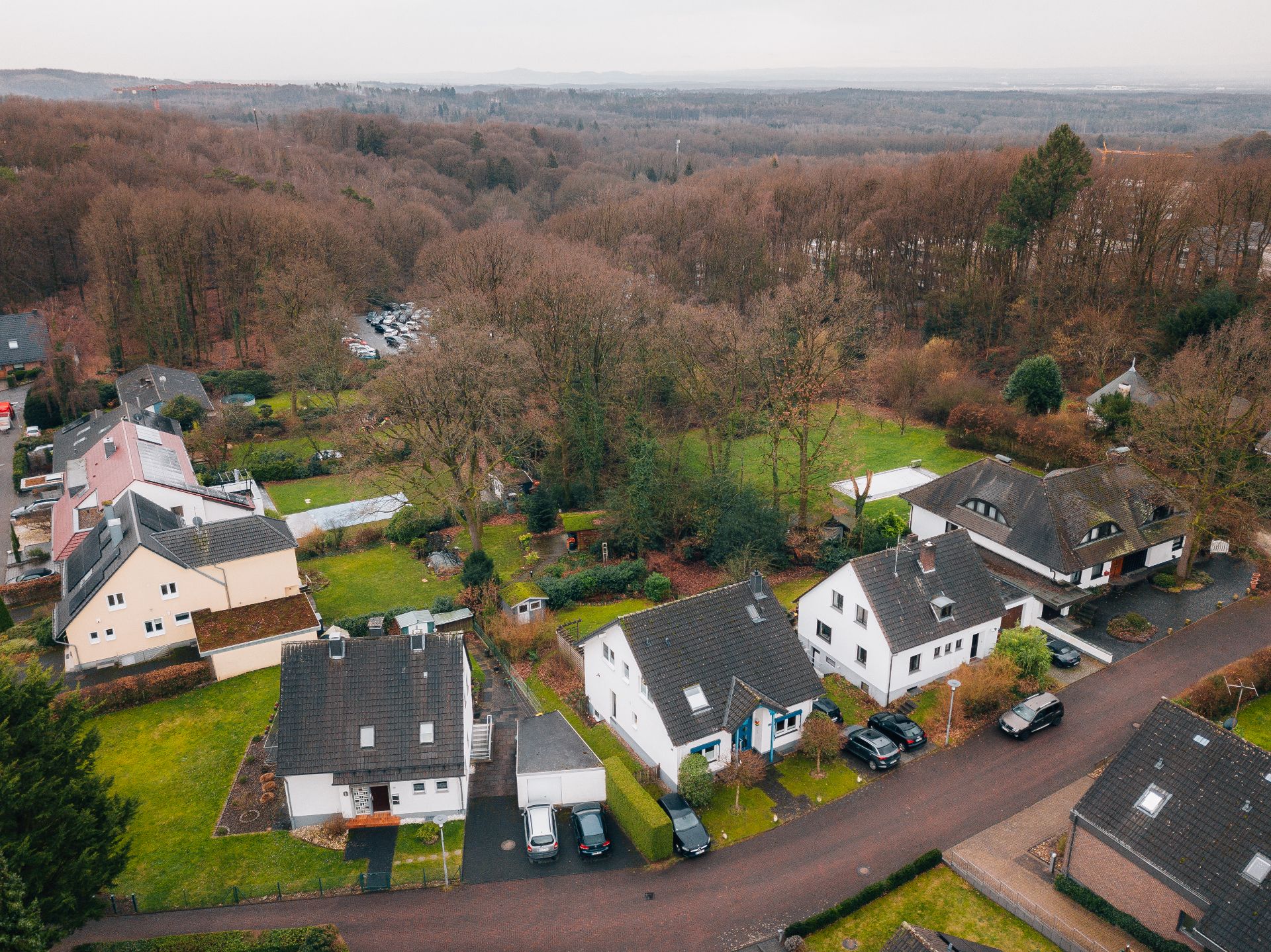 Luftaufnahme von Einfamilienhäusern mit Gärten und Autos in einer ruhigen Wohnsiedlung am Waldrand.