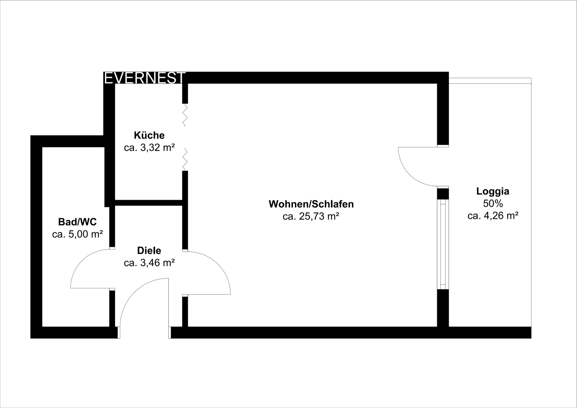 Grundriss mit Küche, Bad/WC, Diele, Wohn-/Schlafraum und Loggia, Flächen sind angegeben.