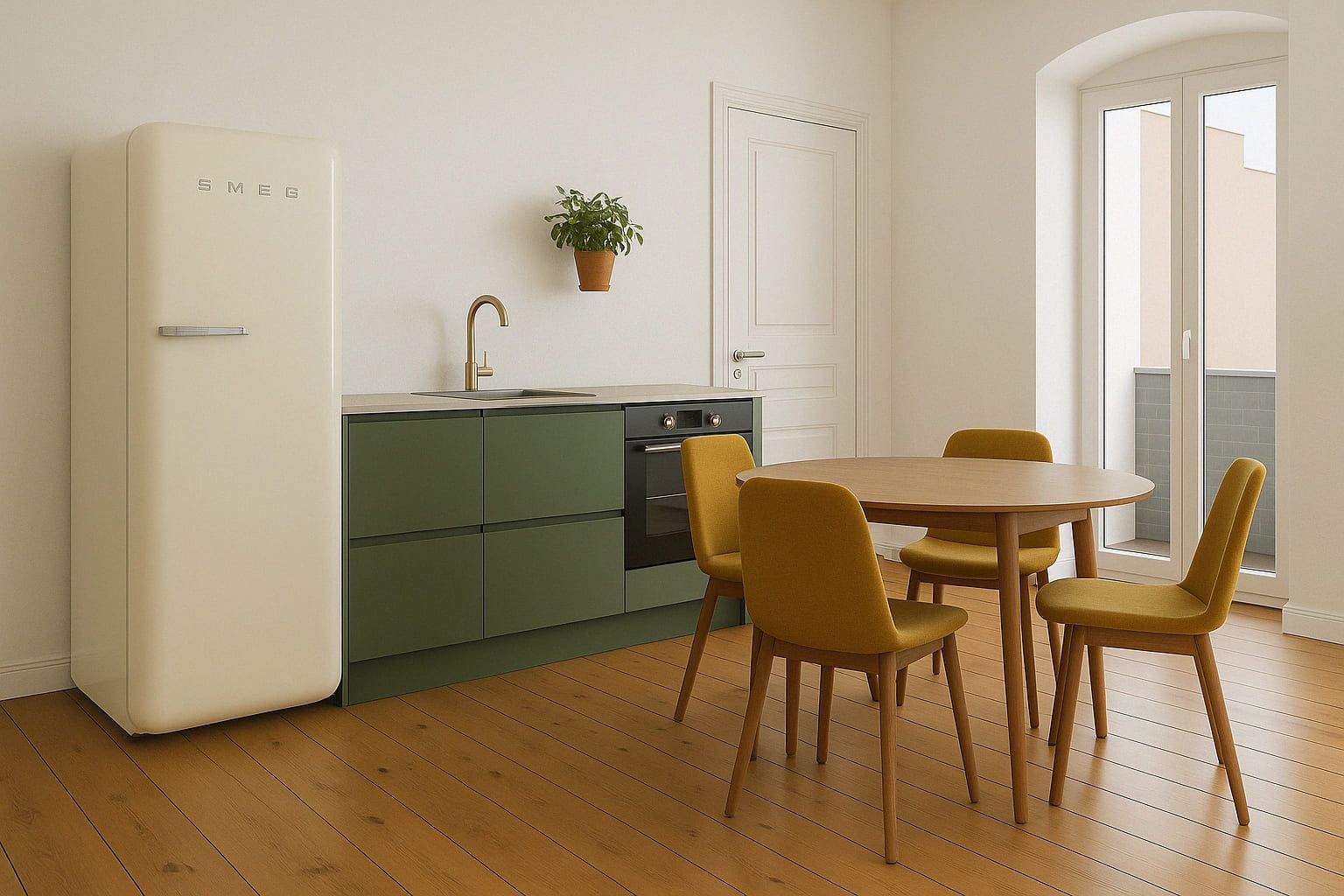Moderne Küche mit grünem Schrank, Retro-Kühlschrank, rundem Tisch und vier gelben Stühlen.