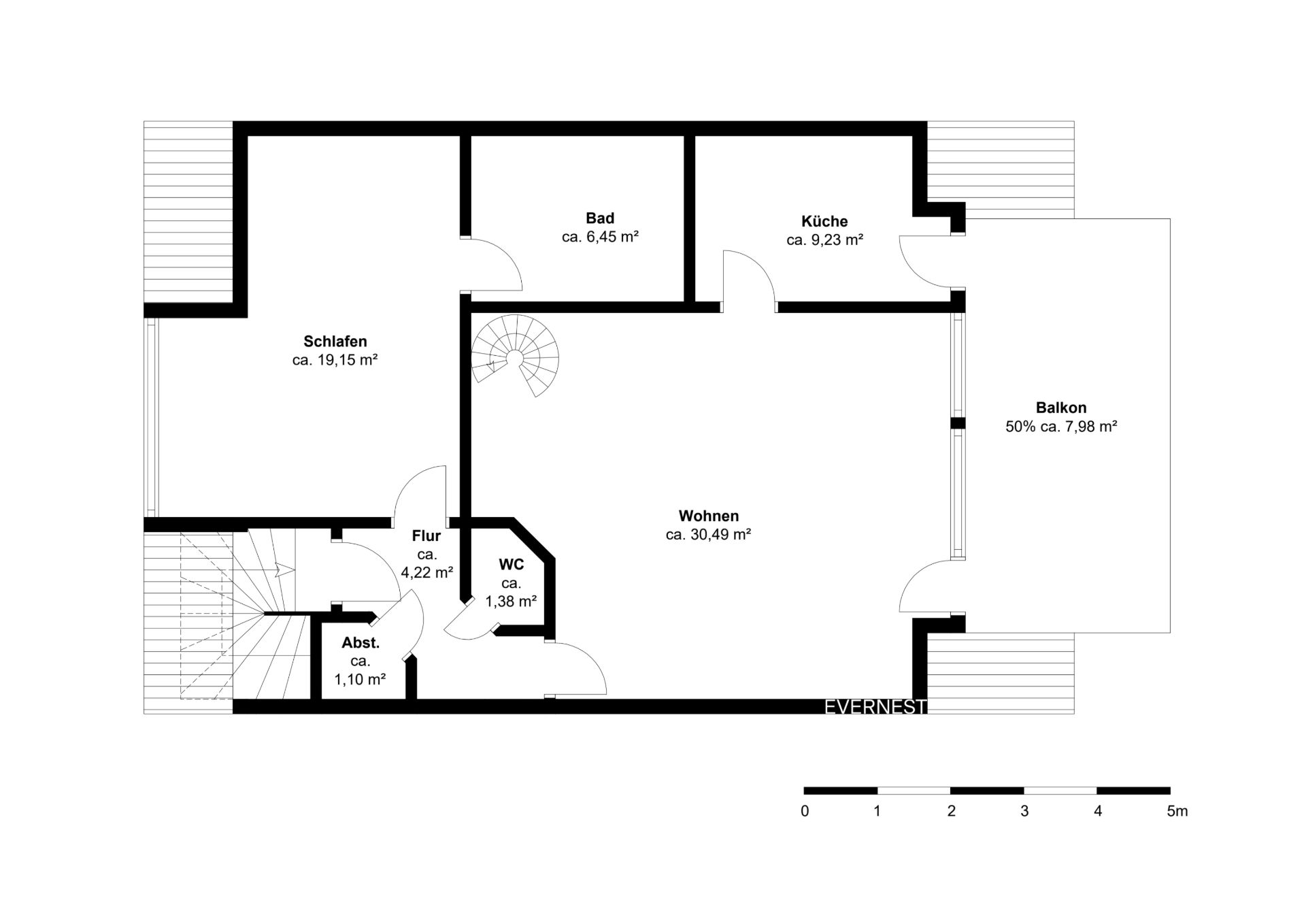 Grundriss mit Zimmern: Schlafen, Bad, Küche, Wohnen, WC, Flur, Abstellraum und Balkon.
