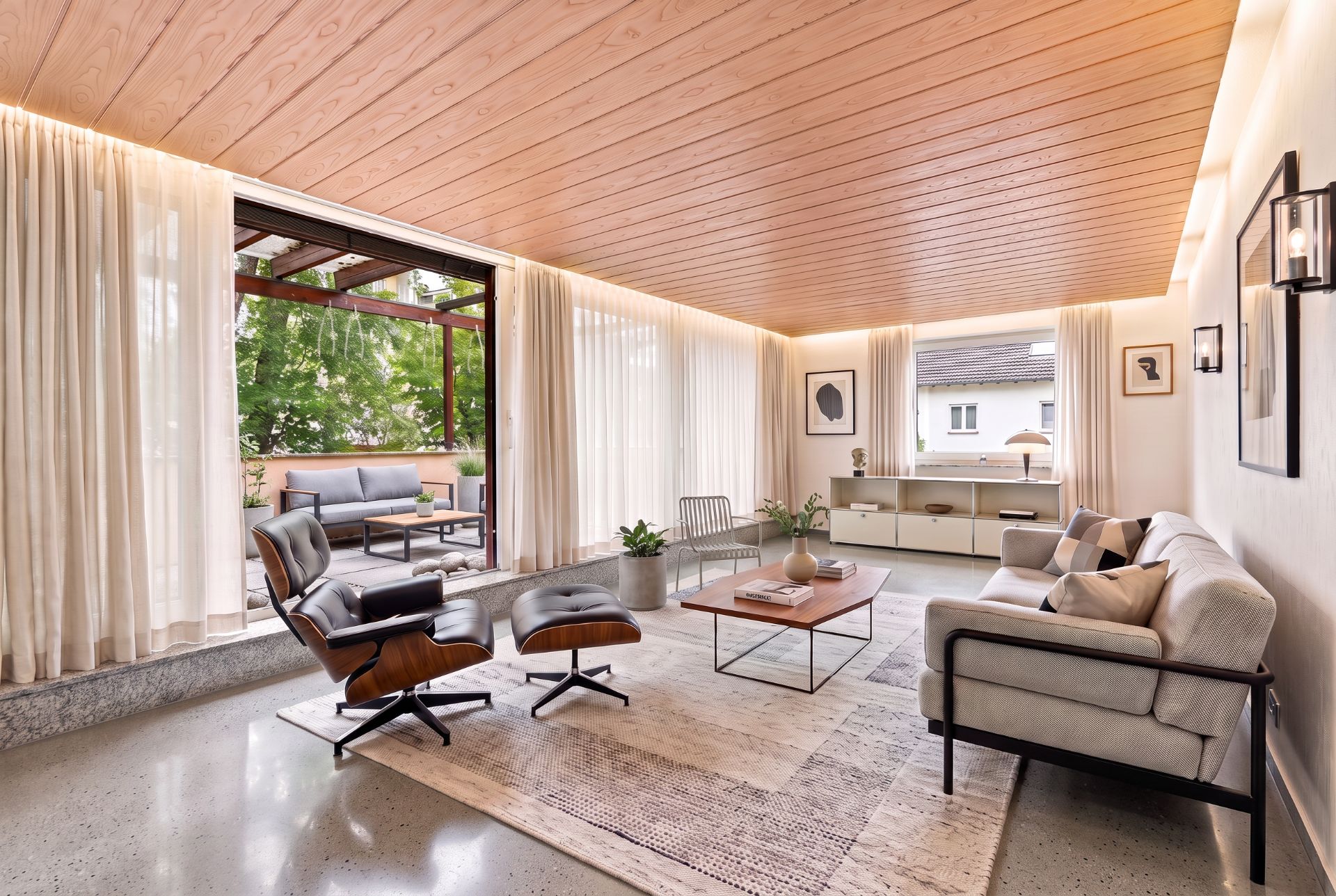 Helles Wohnzimmer mit Sofa, Sessel, Couchtisch und großen Fenstern zu einer Terrasse.