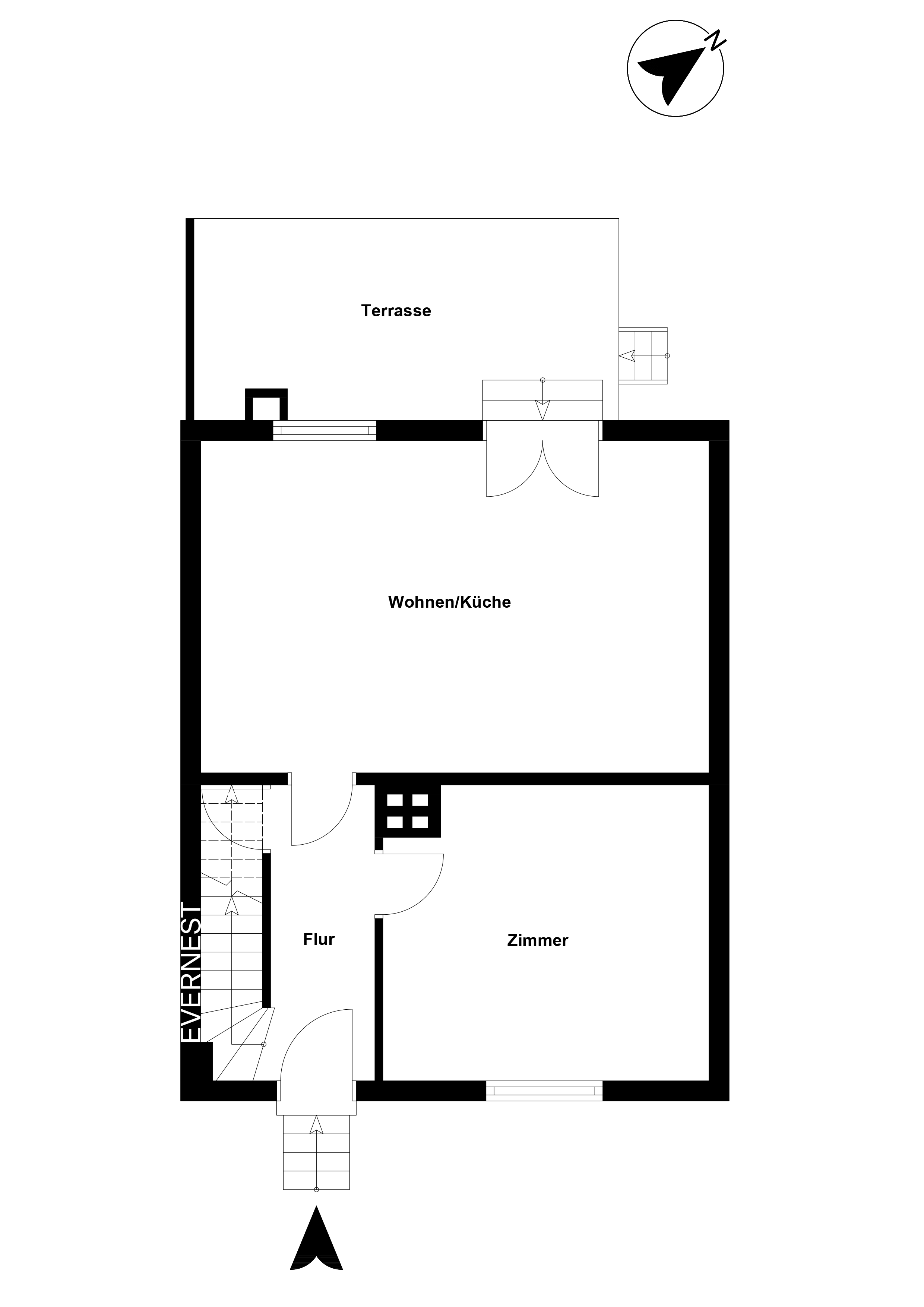 Grundriss mit Terrasse, Wohnen/Küche, Flur und Zimmer sichtbar.