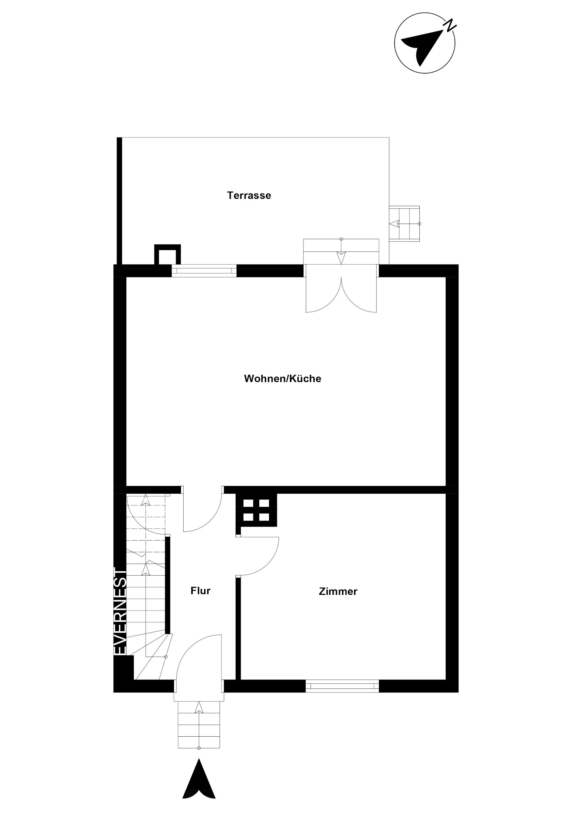 Grundriss mit Terrasse, Wohnen/Küche, Flur und Zimmer sichtbar.