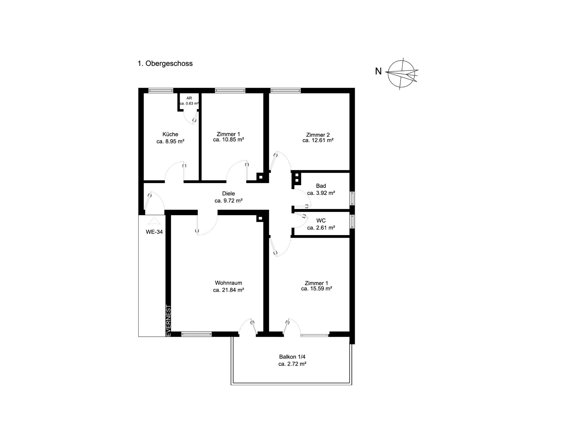 Grundriss einer Wohnung mit Küche, Wohnzimmer, drei Zimmern, Bad, WC, Diele und Balkon.