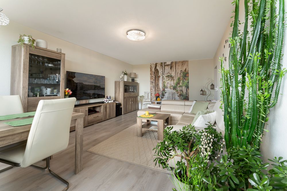 Modernes Wohnzimmer mit Essecke, großem Fernseher, Ecksofa und mehreren grünen Zimmerpflanzen.