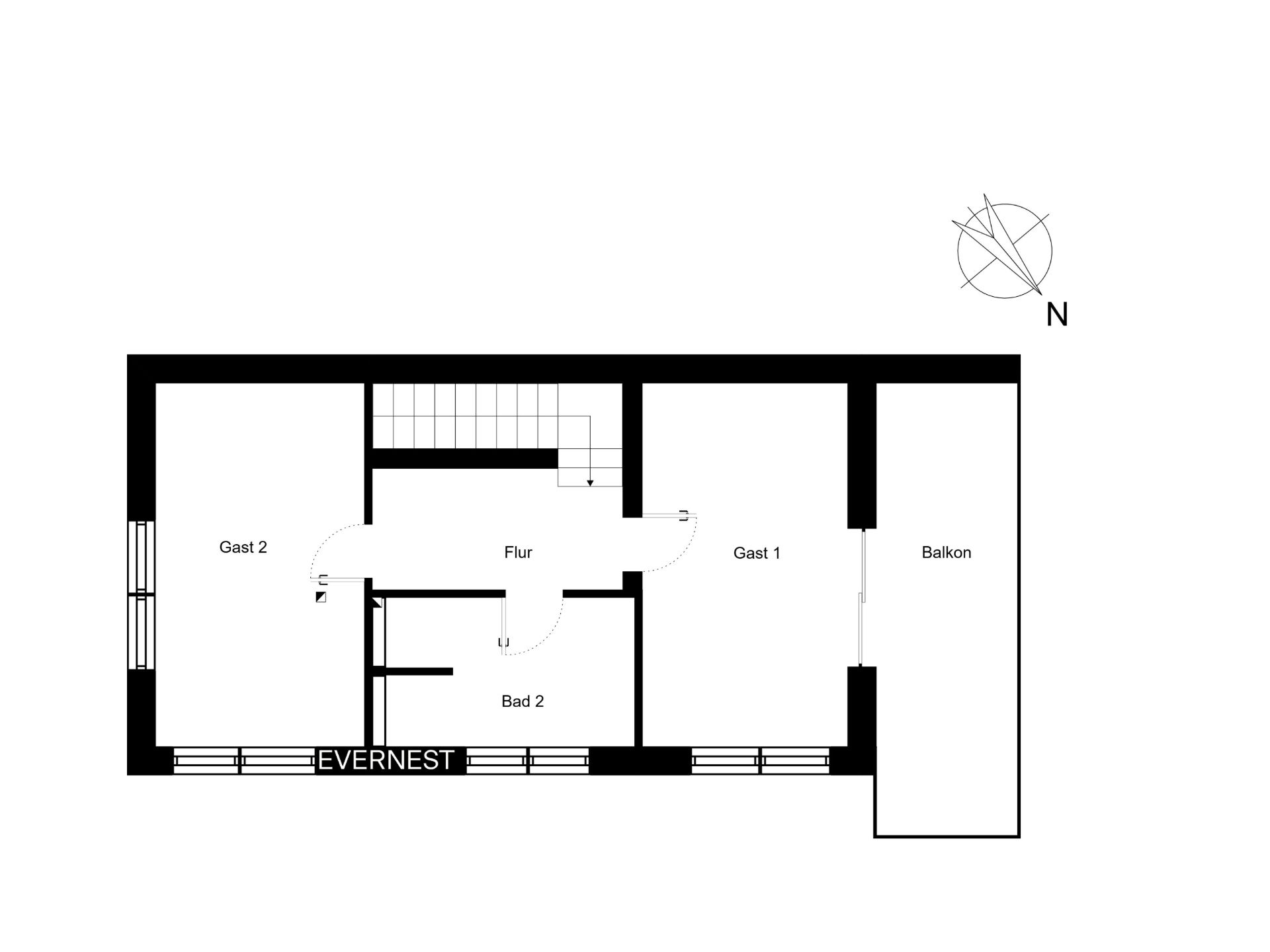 Grundriss mit zwei Gästezimmern, Flur, Bad und Balkon.