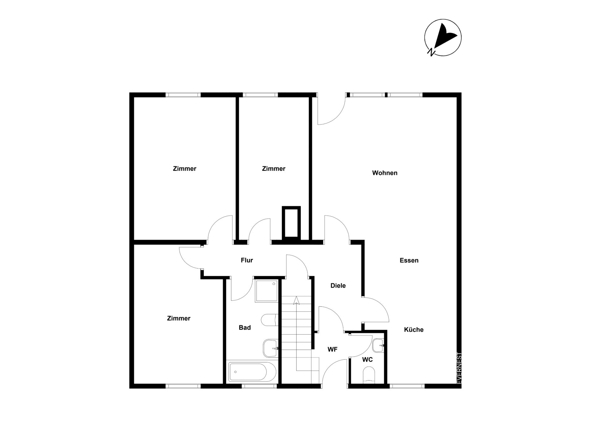Grundriss mit drei Zimmern, Wohnzimmer, Essbereich, Küche, Bad, WC und Flur.