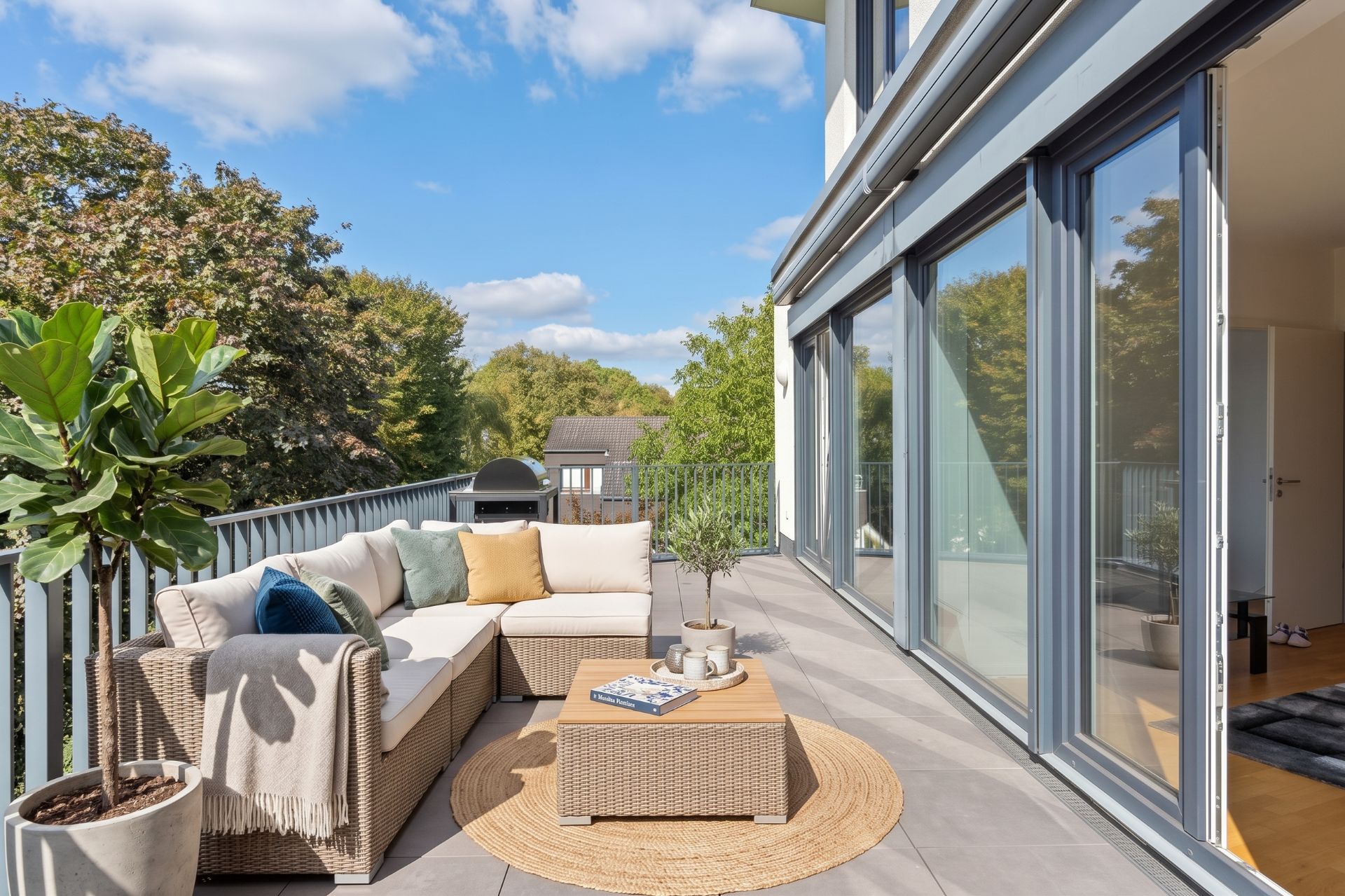 Moderne Terrasse mit Sitzgruppe, Couchtisch, Pflanze und Glasfront, umgeben von Bäumen.