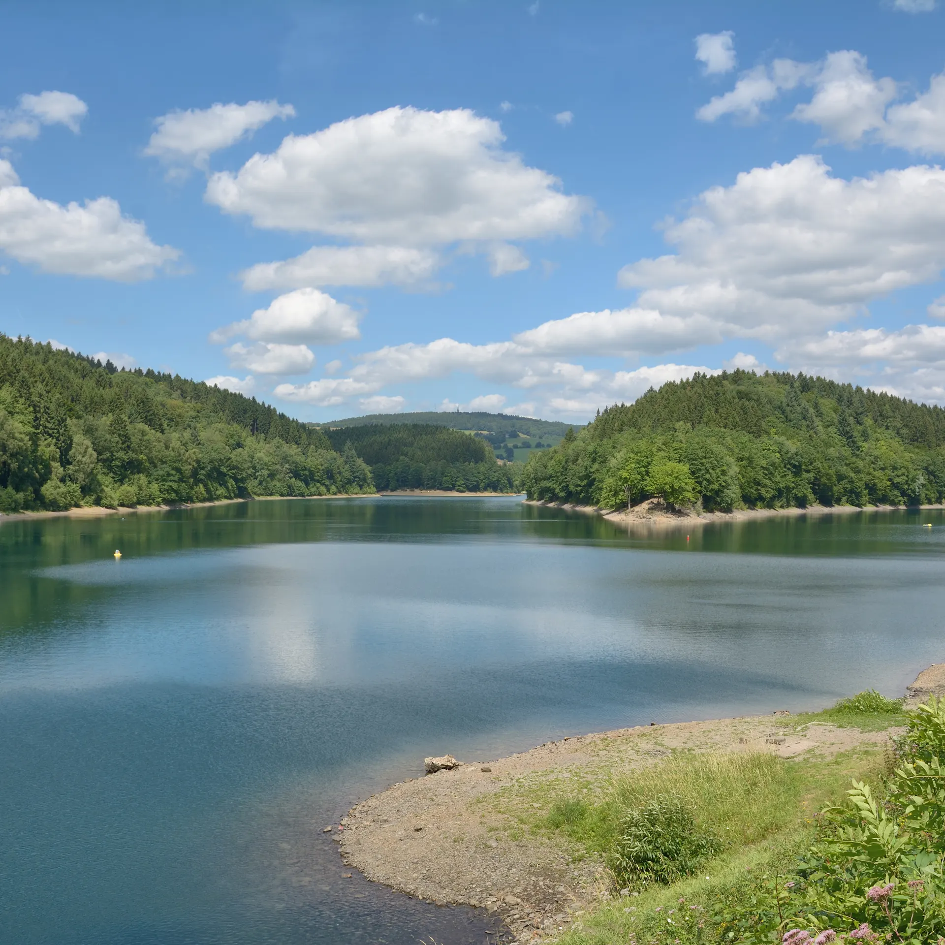 See mit bewaldeten Ufern, klarem Himmel und einigen Wolken.