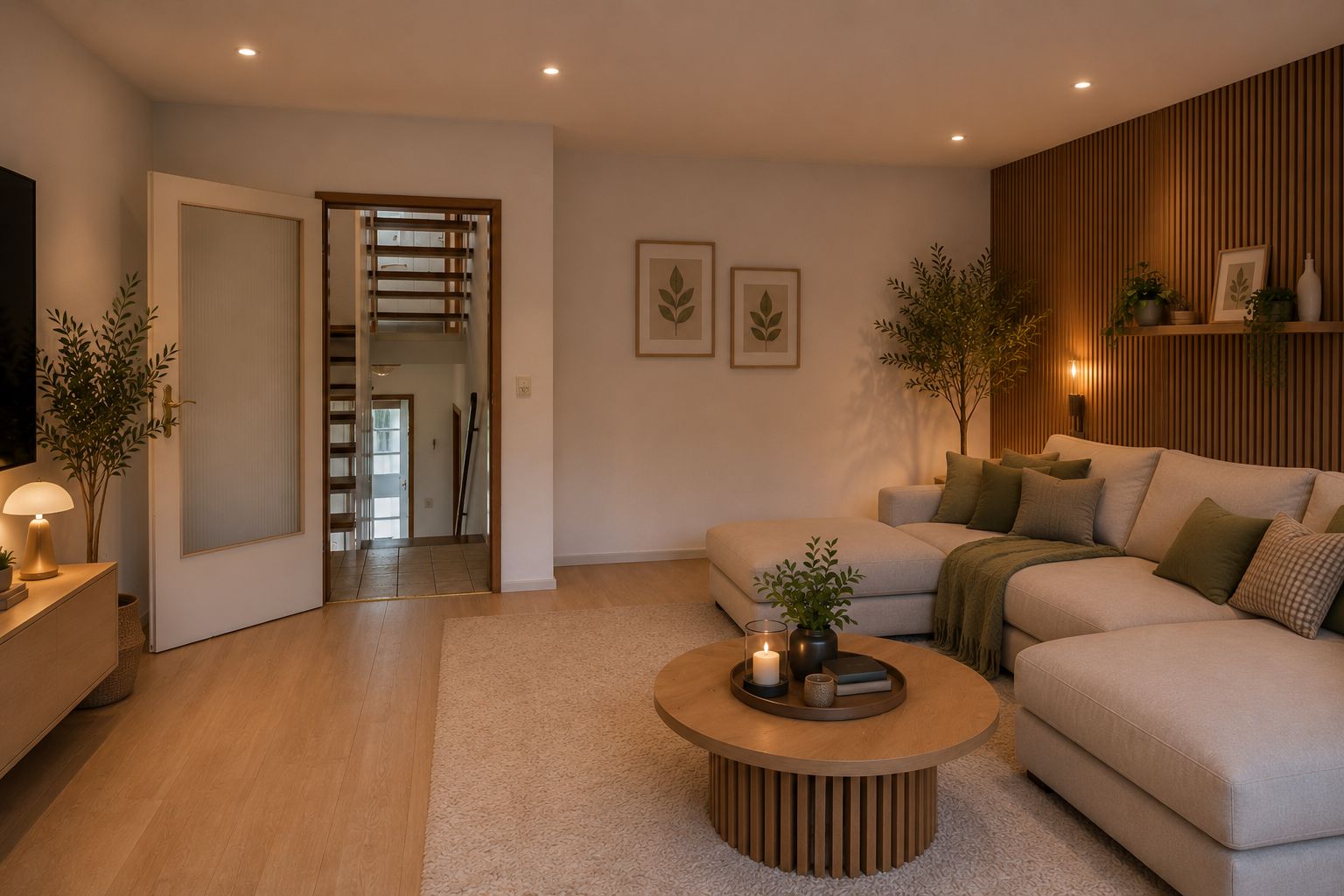 Gemütliches Wohnzimmer mit Ecksofa, rundem Holztisch, Pflanzen und Wandbildern.