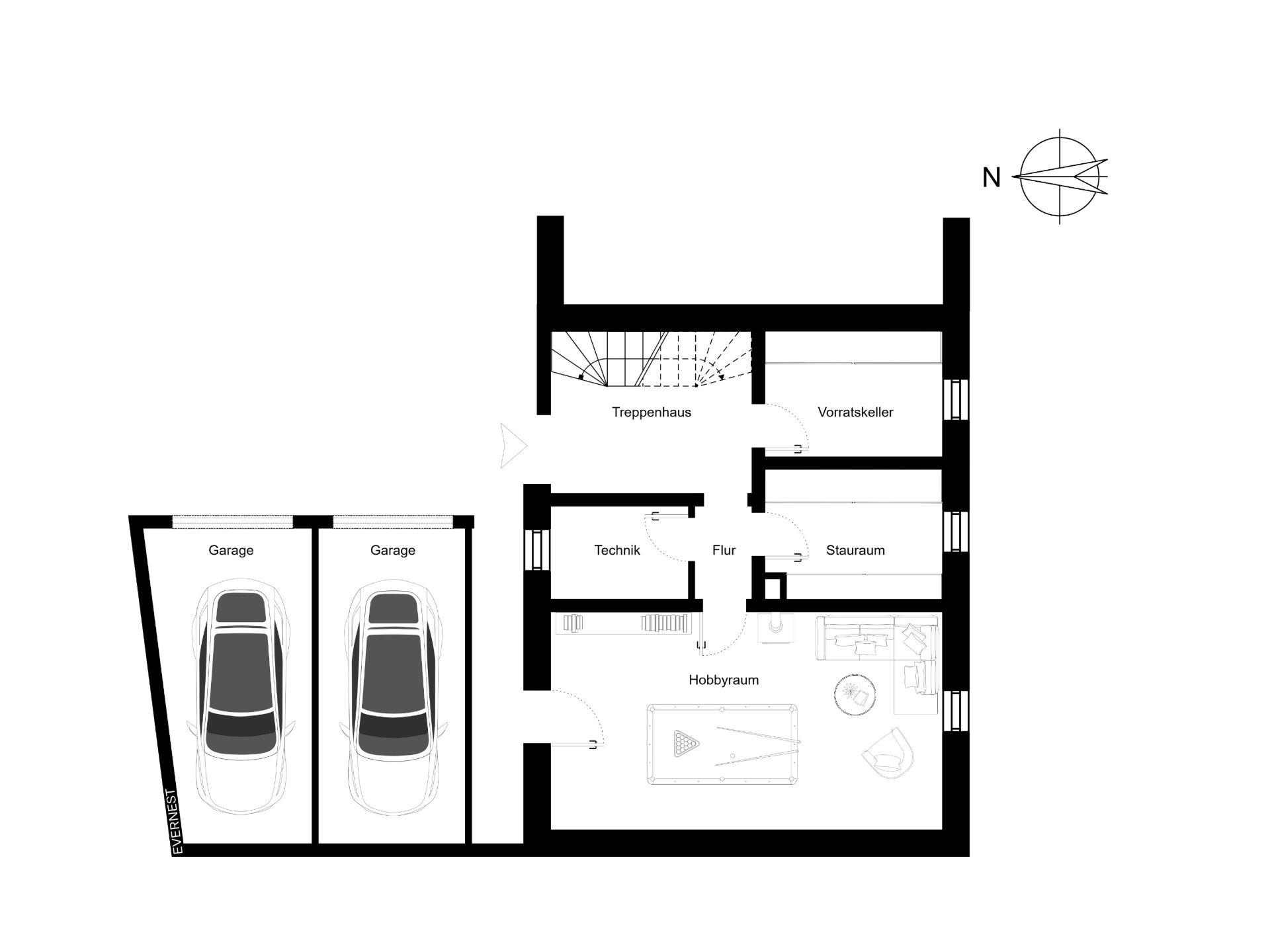 Grundriss eines Kellers mit Garage, Hobbyraum, Technikraum, Vorratskeller und Stauraum.