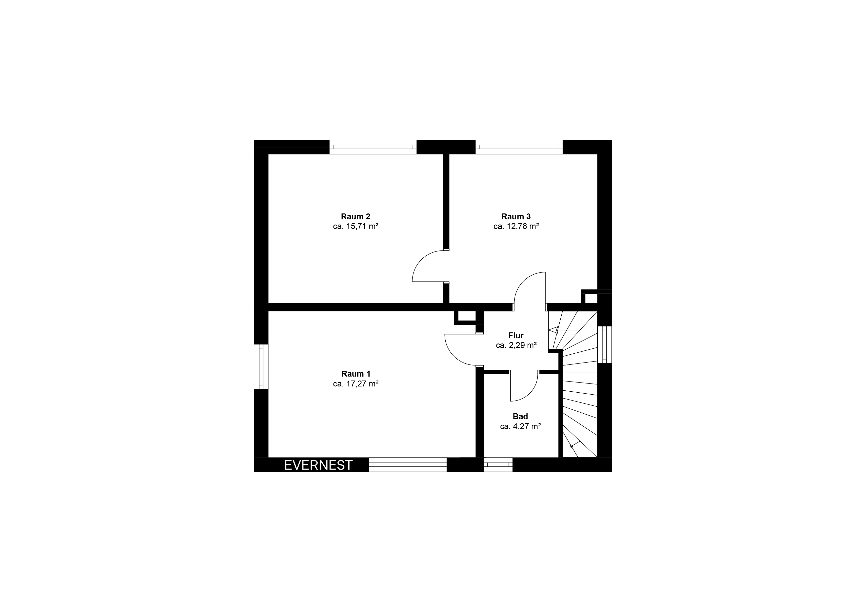 Grundriss mit drei Räumen, Flur, Bad und Treppe.