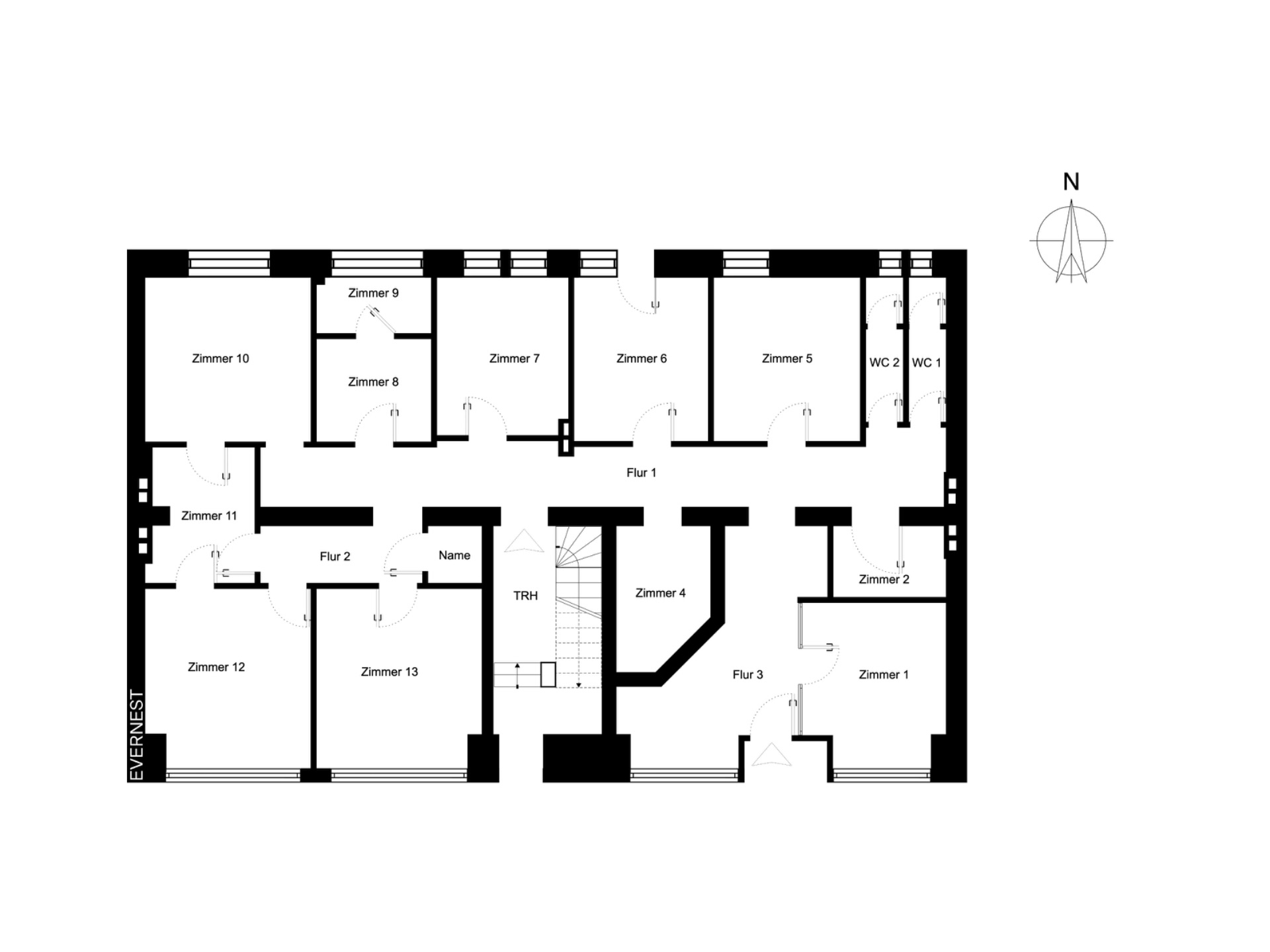 Grundriss mit mehreren Zimmern, Fluren, zwei WCs und einem Treppenhaus.