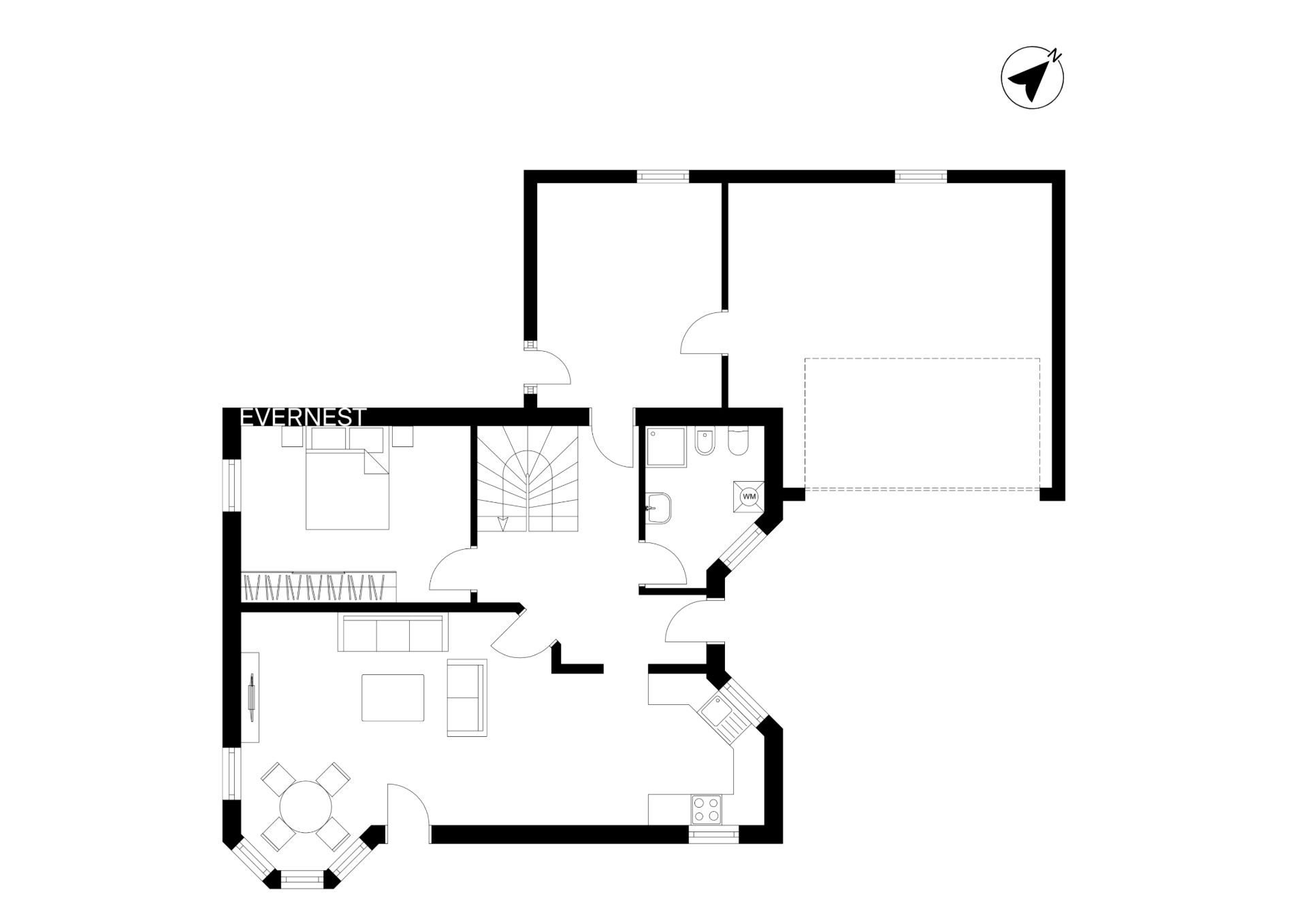 Grundriss eines Wohnhauses mit mehreren Zimmern, Küche, Bad und Garage.