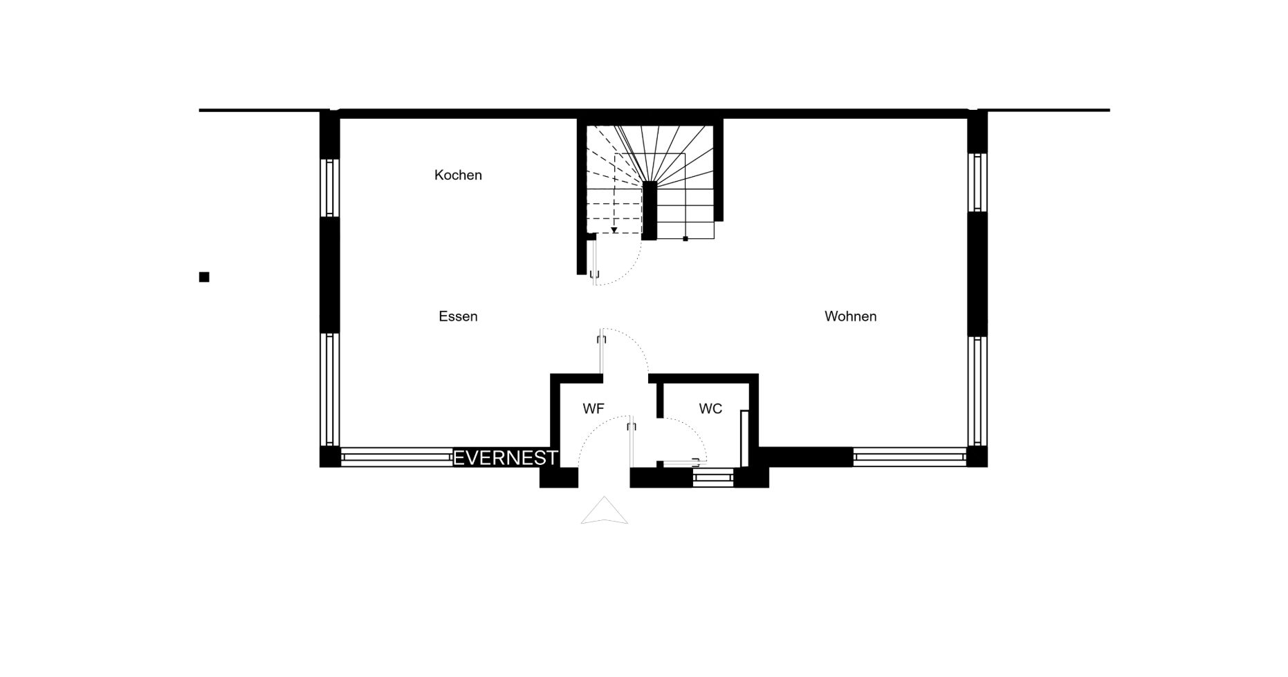 Grundriss mit Bereichen für Kochen, Essen, Wohnen, WC und Wirtschaftsraum.