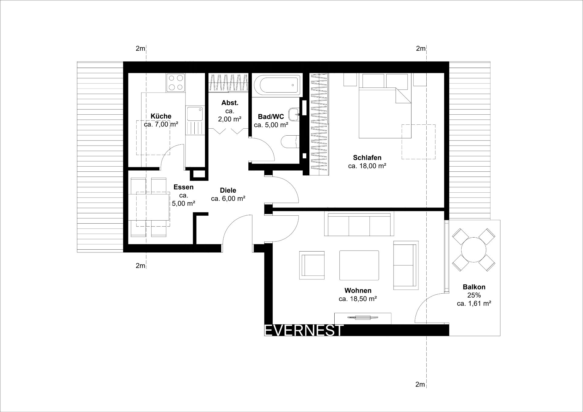 Grundriss einer Wohnung mit Küche, Bad, Schlafzimmer, Wohnzimmer, Essbereich, Balkon und Abstellraum.