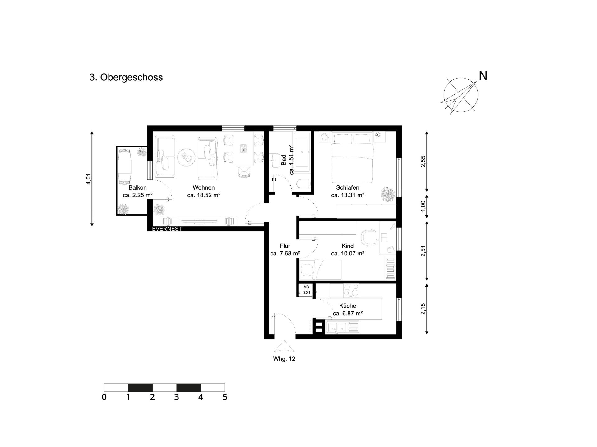 Grundriss einer Wohnung mit Wohnzimmer, Schlafzimmer, Kinderzimmer, Küche, Bad, Flur und Balkon.